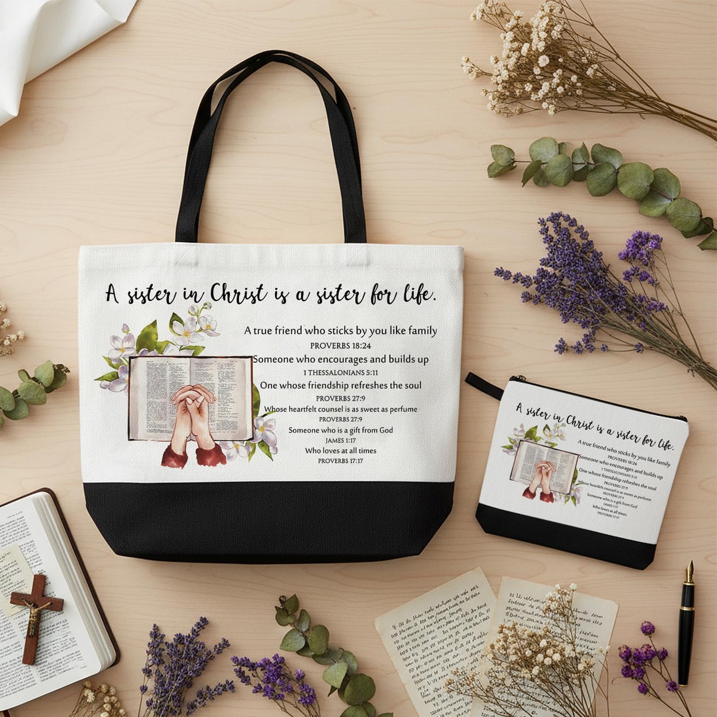Paterr 12 Pcs 250th Anniversary Christian Tote Bags for Women, Bible Tote Bag and Canva Makeup Bag Inspirational Gifts for Teacher Nurse Ladies Sister Birthday Friendship Old Maids (Sister in Christ)