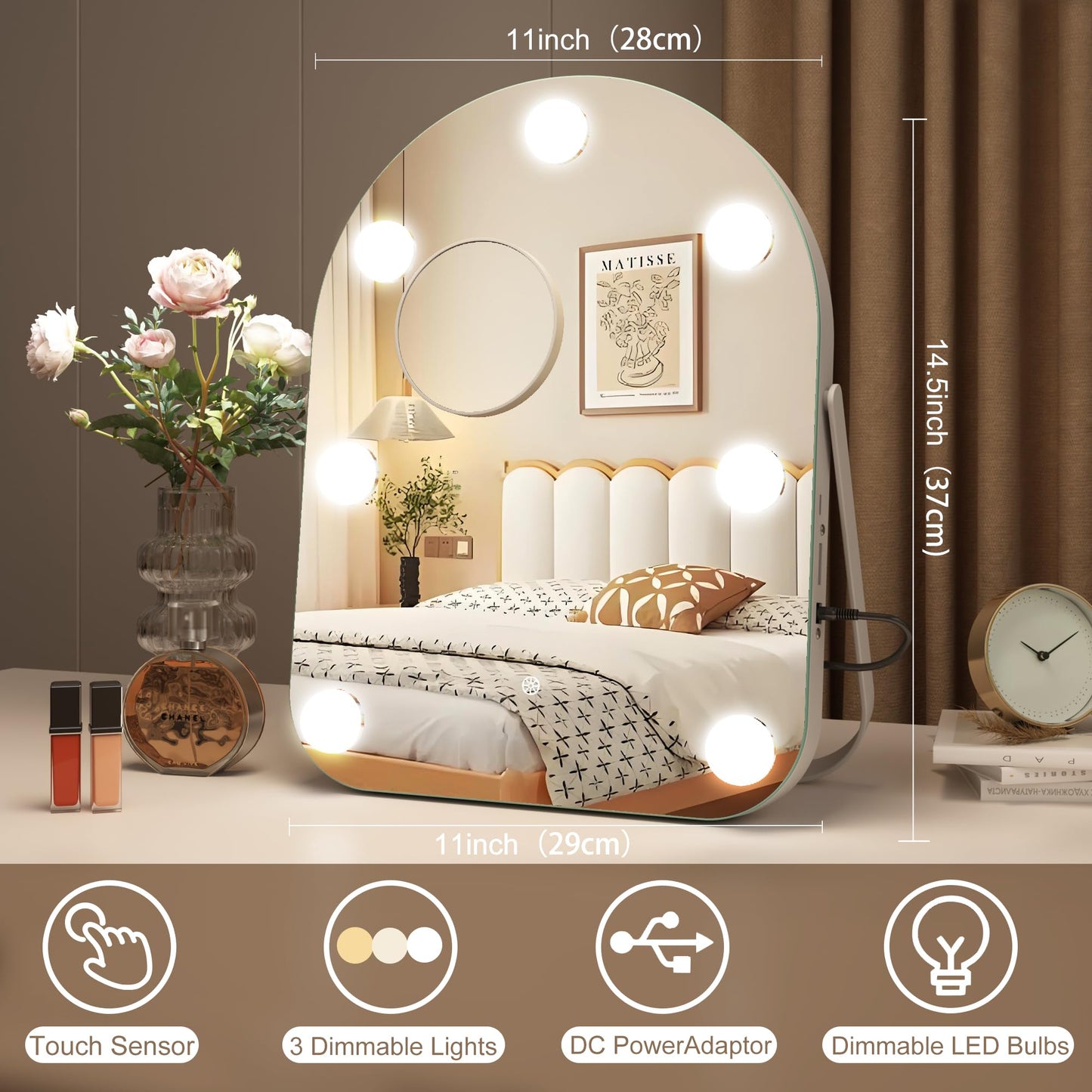 STARLEAD 11"× 14" Makeup Mirror with Lights and 10X Magnification, 3-Color Dimmable LED Lighting & Touch Control, 360°Rotation for Travel/Dressing Room, Arched