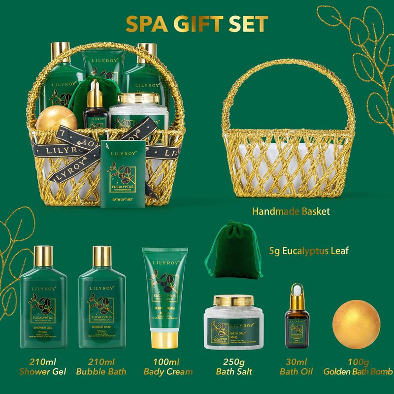 Fathers Day Gift for Men, Gifts for Women, Birthday Gift - 9 Pieces Premium Eucalyptus Spa Gift Basket for Women & Men, Bath & Body Spa Kit, Valentines, Christmas, Mothers Day Gifts for Mom