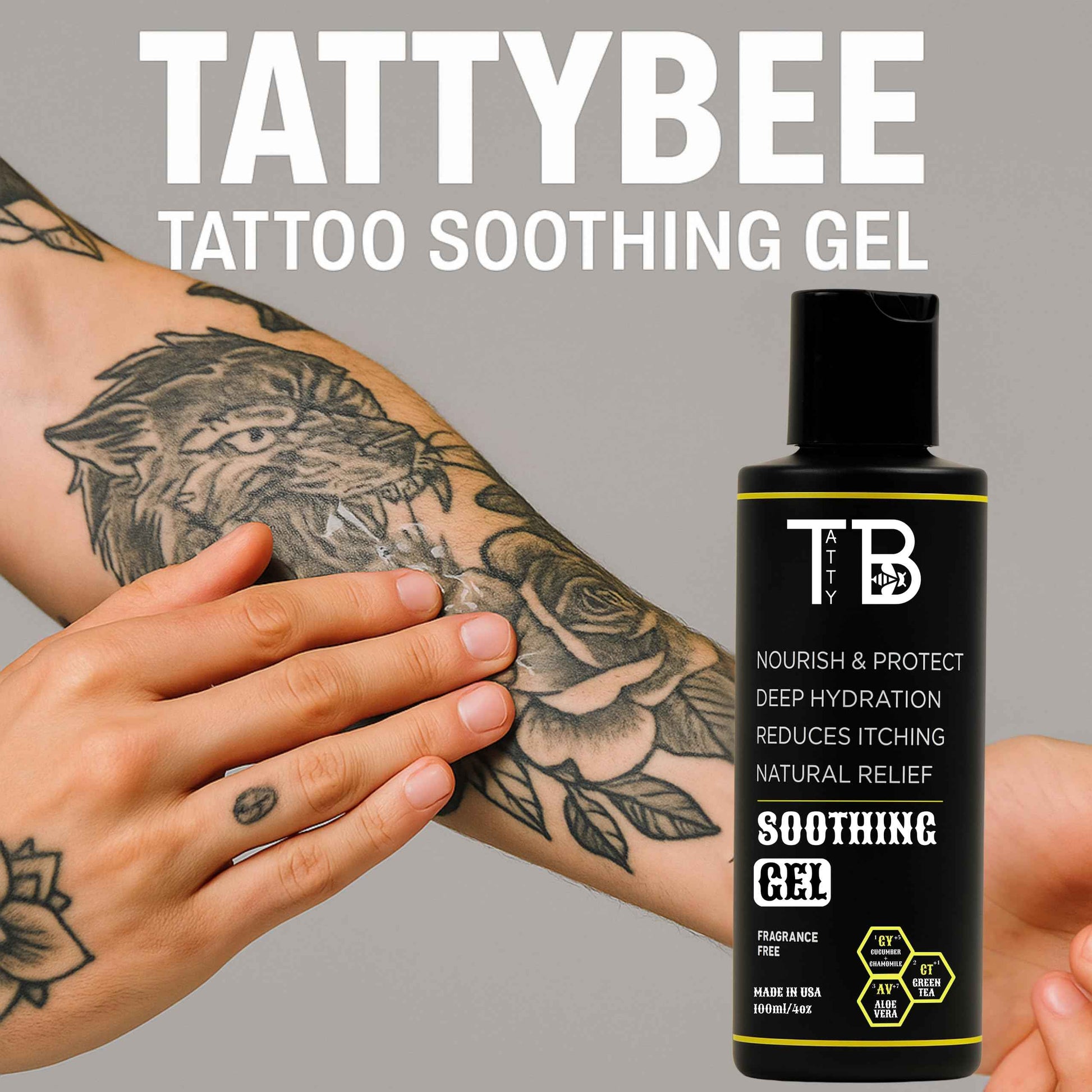 TattyBee Tattoo Soothing Gel & Moisturizer – Calming Aftercare for New Tattoos – Aloe, Green Tea, Chamomile & Cucumber – Fast-Absorbing, Fragrance-Free Hydration – 4oz