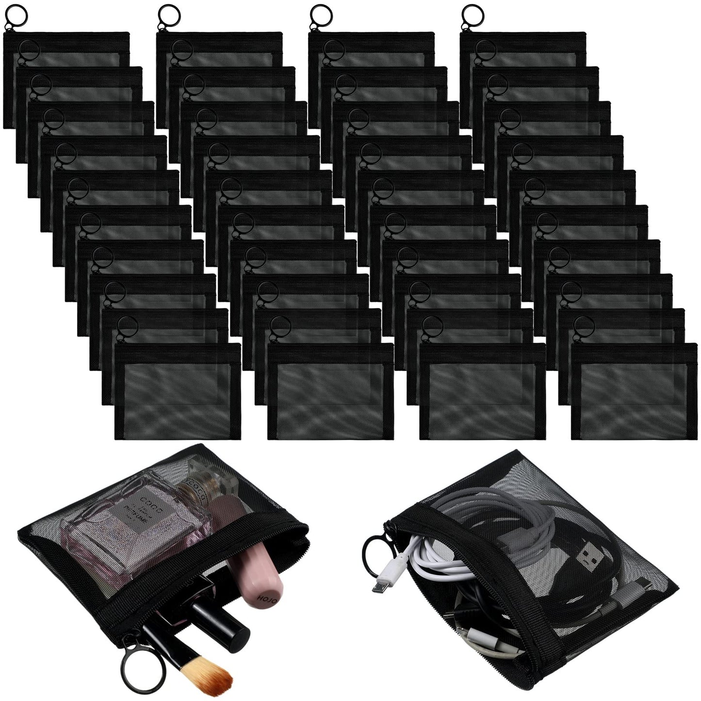 Saintrygo 40 Pcs Small Mesh Zipper Pouch Bags Mini Cosmetic Coin Purse Pouches Portable Black Nylon Storage Pouch with Keychain for Women Travel Makeup Cosmetic Storage