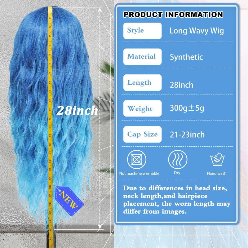 BUPPLER Cosplay Long Blue Wig 28 Inch Middle Part Synthetic Wig Realistic Gifts Party Wigs for Women Daily Use Colorful Wigs (Blue)