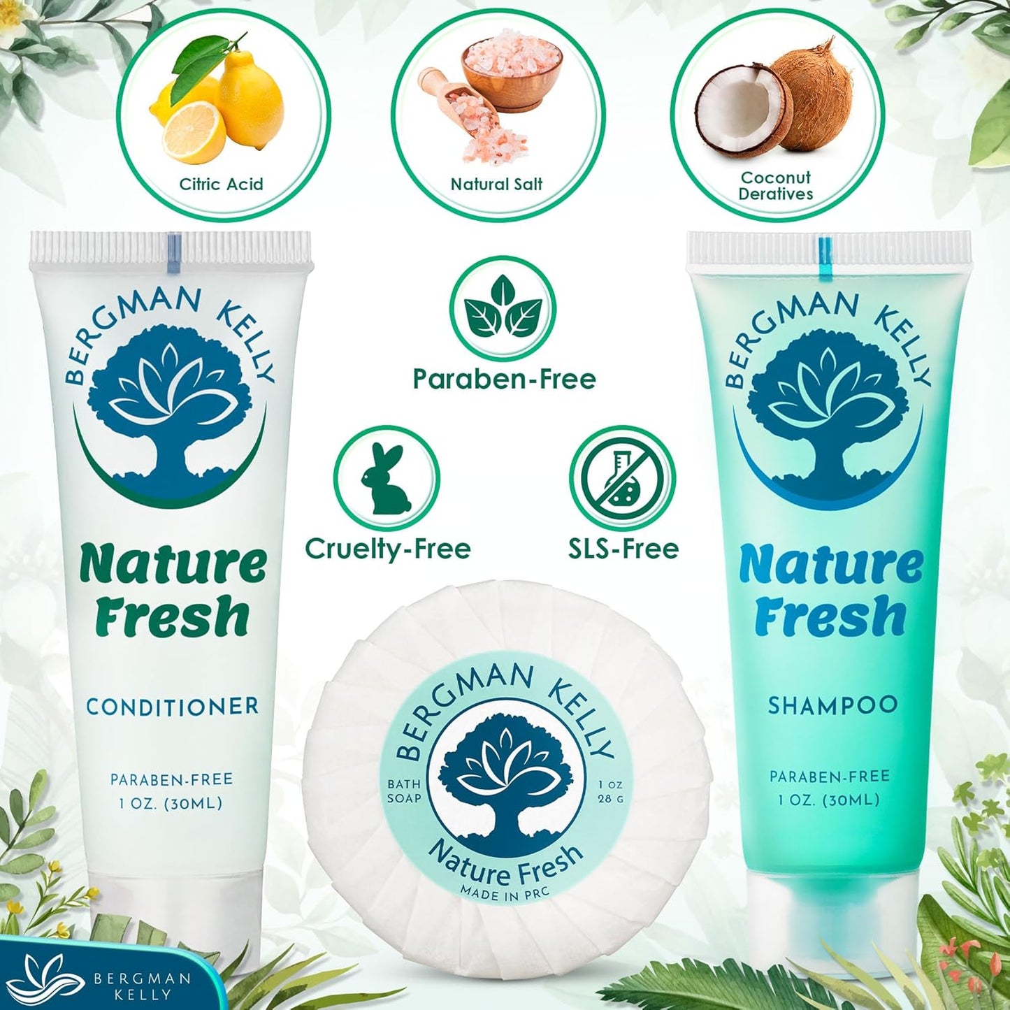 Bergman Kelly Round Hotel Soap Bars & Mini Travel Toiletries Set - Refreshing Shampoo & Conditioner | 1 oz Each, 150 Pieces