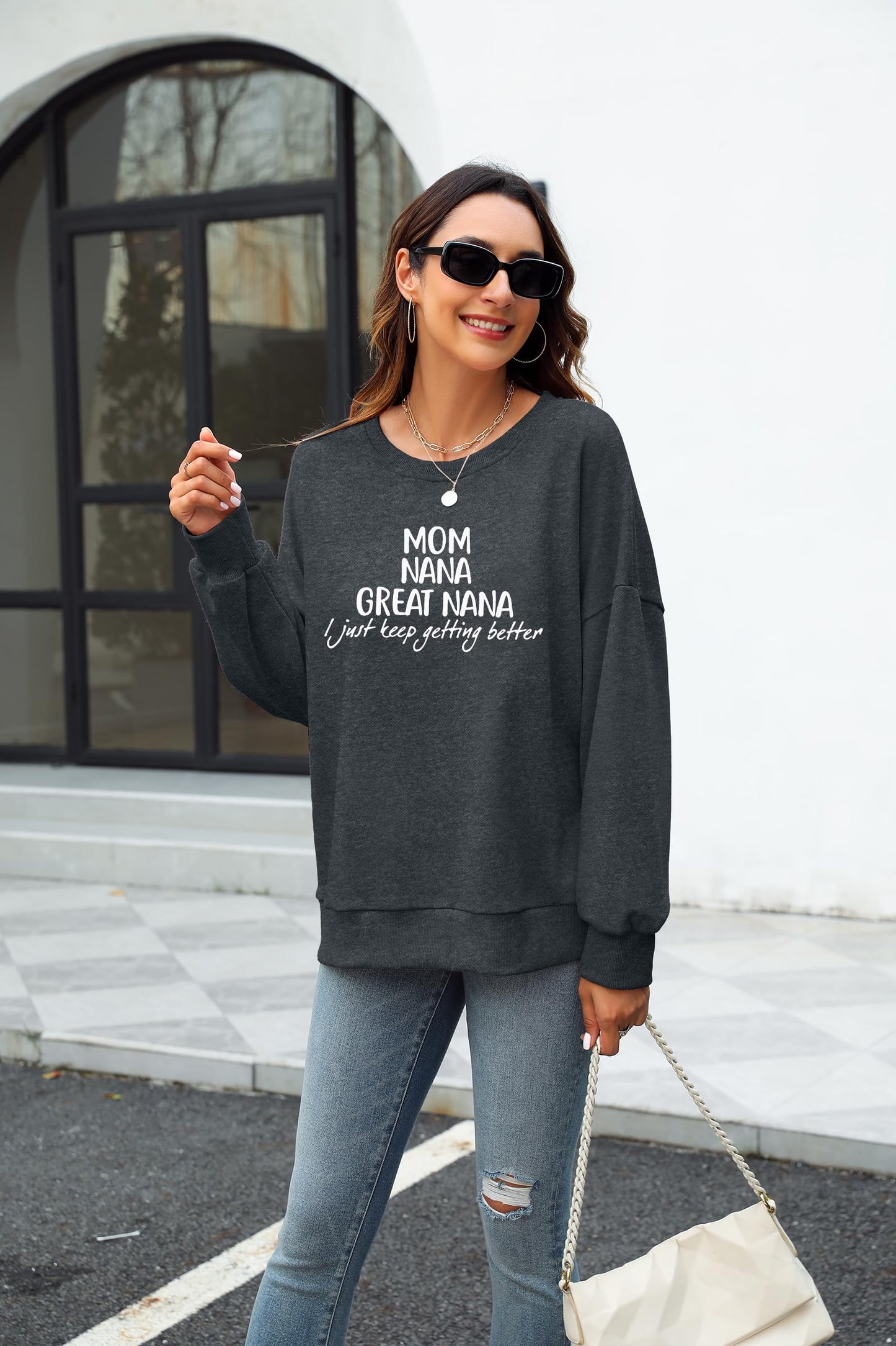 LUKYCILD Nana Sweatshirt Women Mom Nana Great Nana Shirt Grandma Long Sleeve Shirt Grandmom Gigi Mimi Sweatshirts Gray
