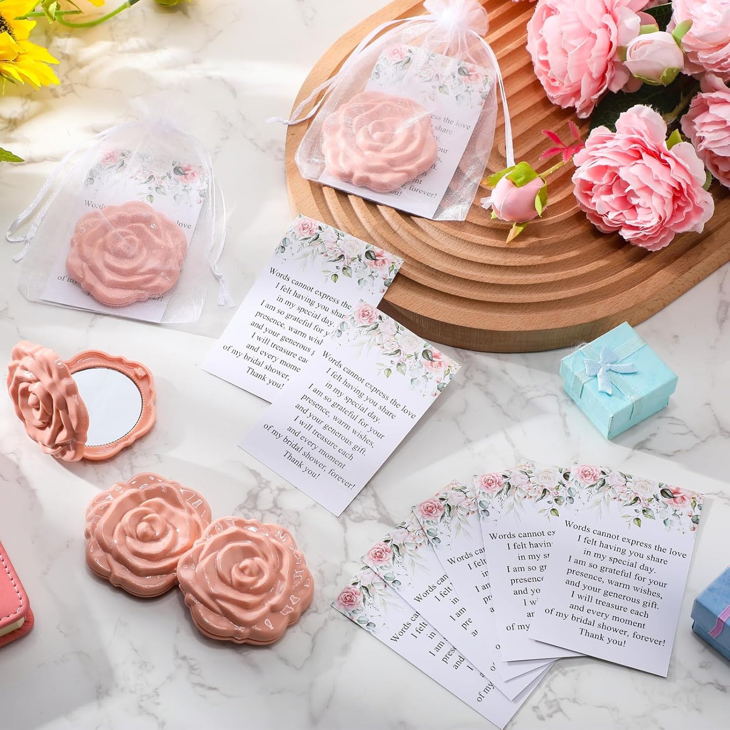 Bridal Shower Party Favors - 30 Sets Rose Compact Mirrors with Thank You Cards & Organza Bags | Pink Champagne