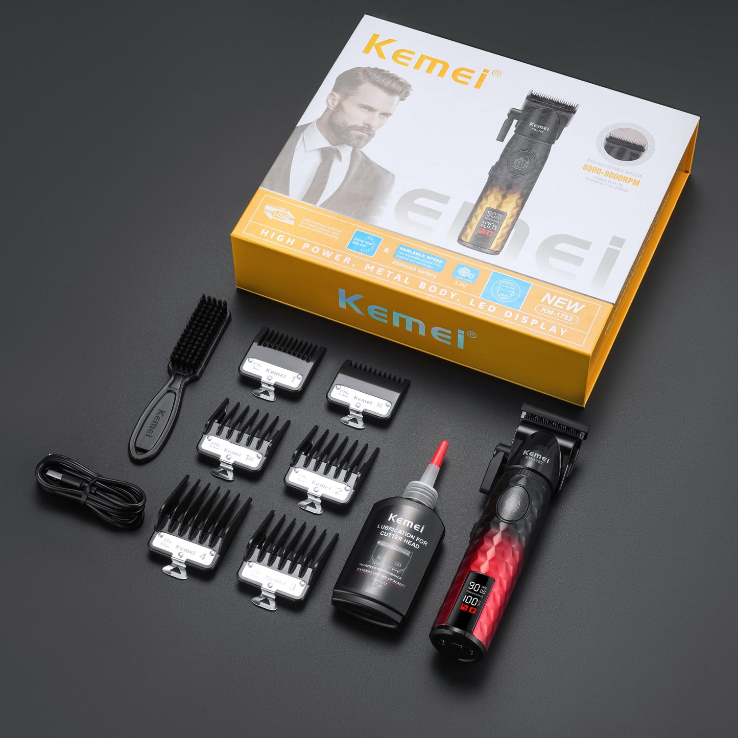 KEMEI 1782 Professional Hair Clippers for Men, Cordless Barber Clippers with LED Display, 9000 RPM Hair Trimmers, 2600 mAh Hair Clipper for Barbers Haircut Kit, Red