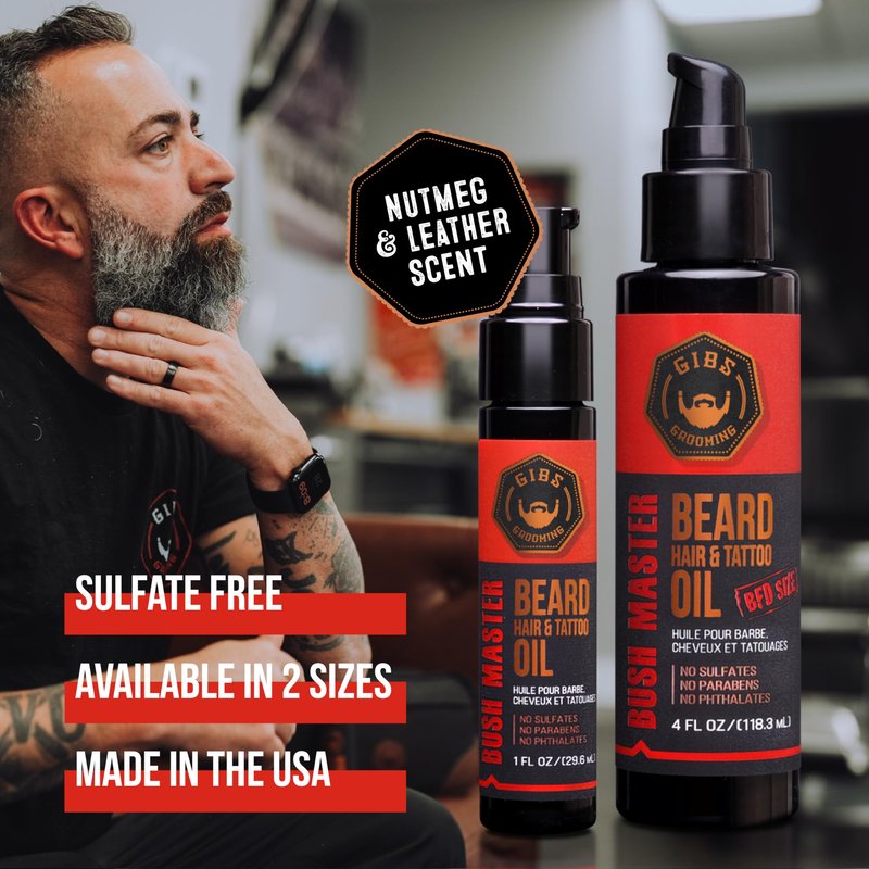 GIBS Grooming - Bush Master Beard, Hair & Tattoo Oil (1 fl oz) - Softens, Strengthens, Protects - Skin Moisturizer - Vitamin C - UV Shield - Travel Size - Beard Oil, Hair Care, Skin Care - Made in USA