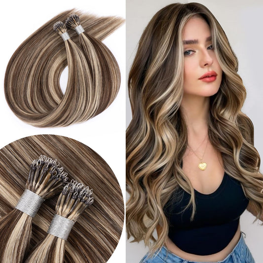 Senmy Microbead Hair Extensions Human Hair 14inch #4/613 Brown mix blond Nano Bead Hair Extensions Human Hair 1g/strand 50g Nano Ring Extensions For Women