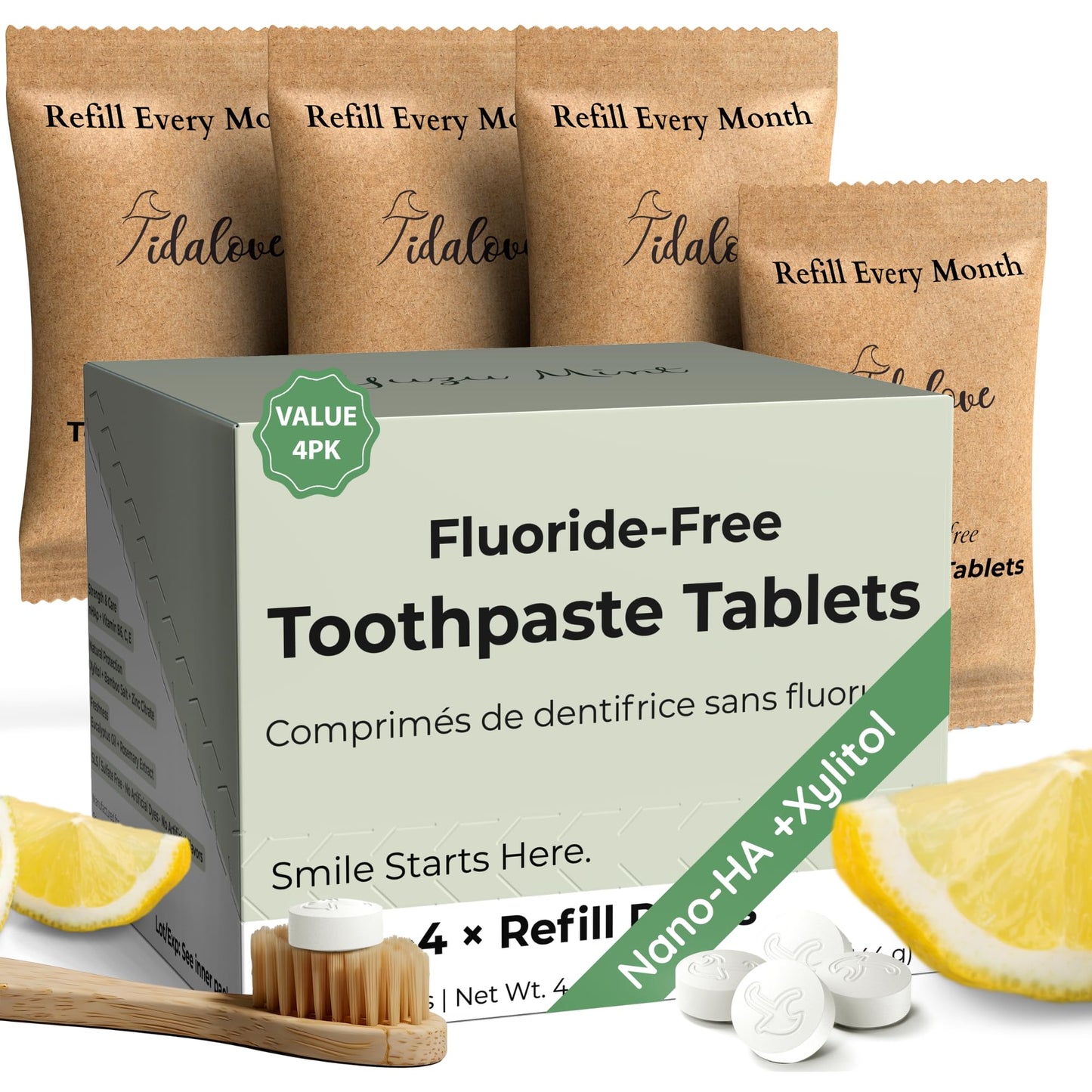 Tidalove Citrus Yuzu Mint Fluoride-Free Toothpaste Tablets with Nano Hydroxyapatite | Natural Whitening, Enamel Strengthening, Plastic-Free & Travel-Friendly (4 Month Refill)