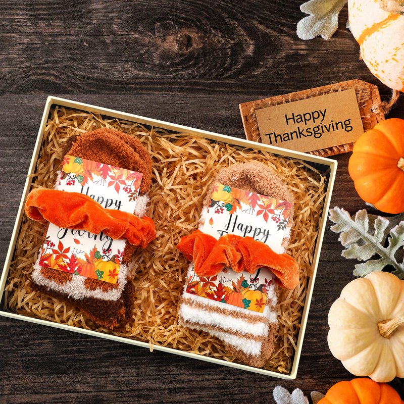 Breathy 36 Pcs Friendsgiving Gifts Set for Women Includes Fall Fuzzy Socks Orange Hair Scrunchies Velvet Elastics Friendsgiving Cards Fall Gifts for Thanksgiving Halloween Birthday Party Favors