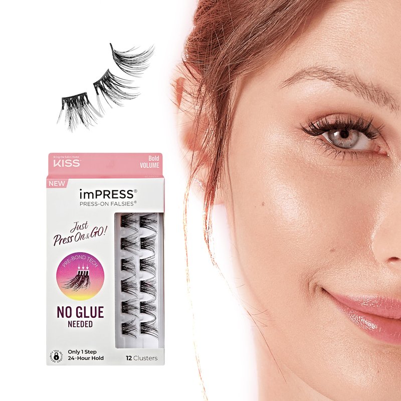 Kiss Impress Falsies Press On Self Adhesive Eyelashes, 12mm-14mm Natural Volume Press On Lashes, Black, No Glue Needed, Invisible Band, 12 Lash Clusters - Bold