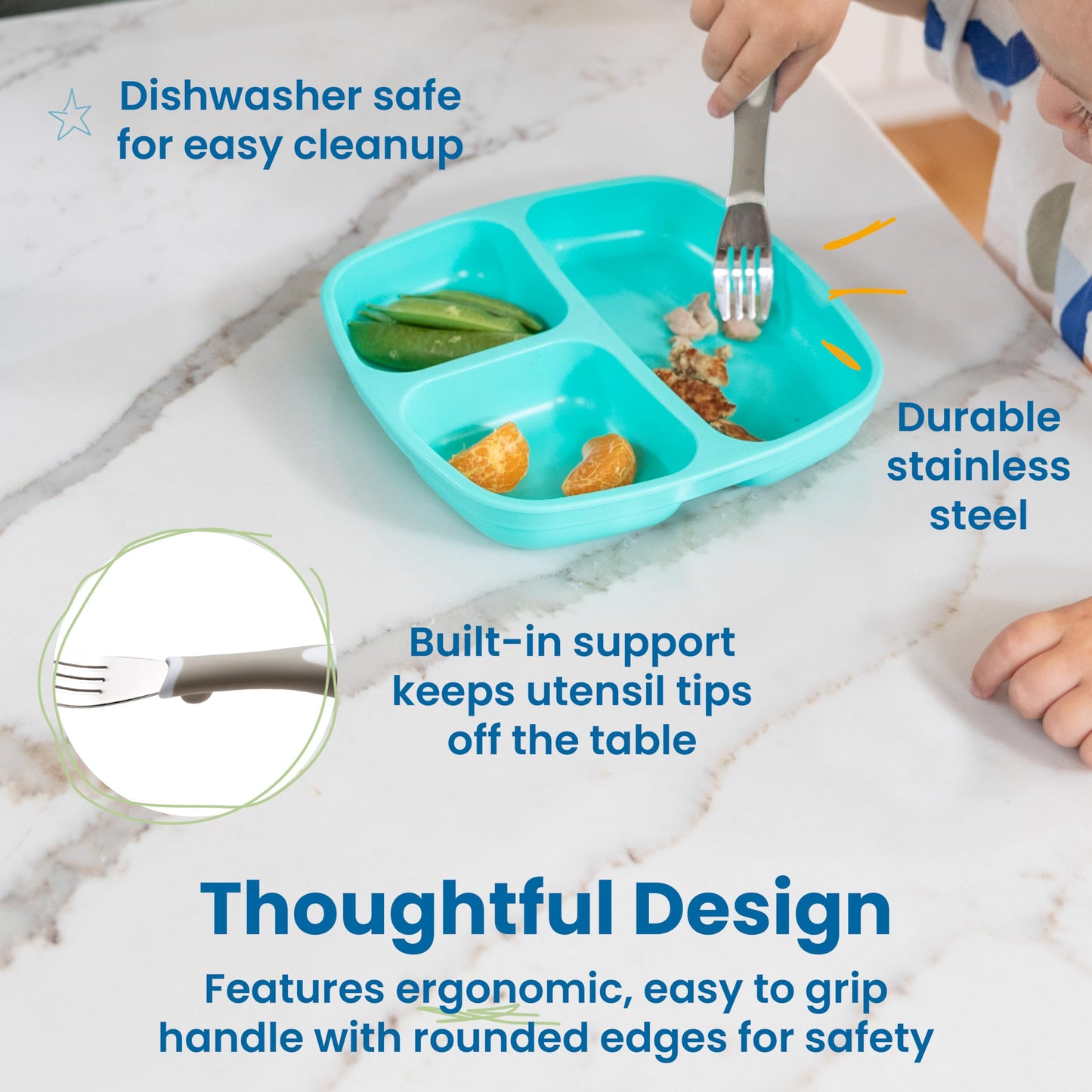 ECR4Kids My First Meal Pal Stainless Steel Forks, Toddler Silverware, White, Light Grey, 3-Pack