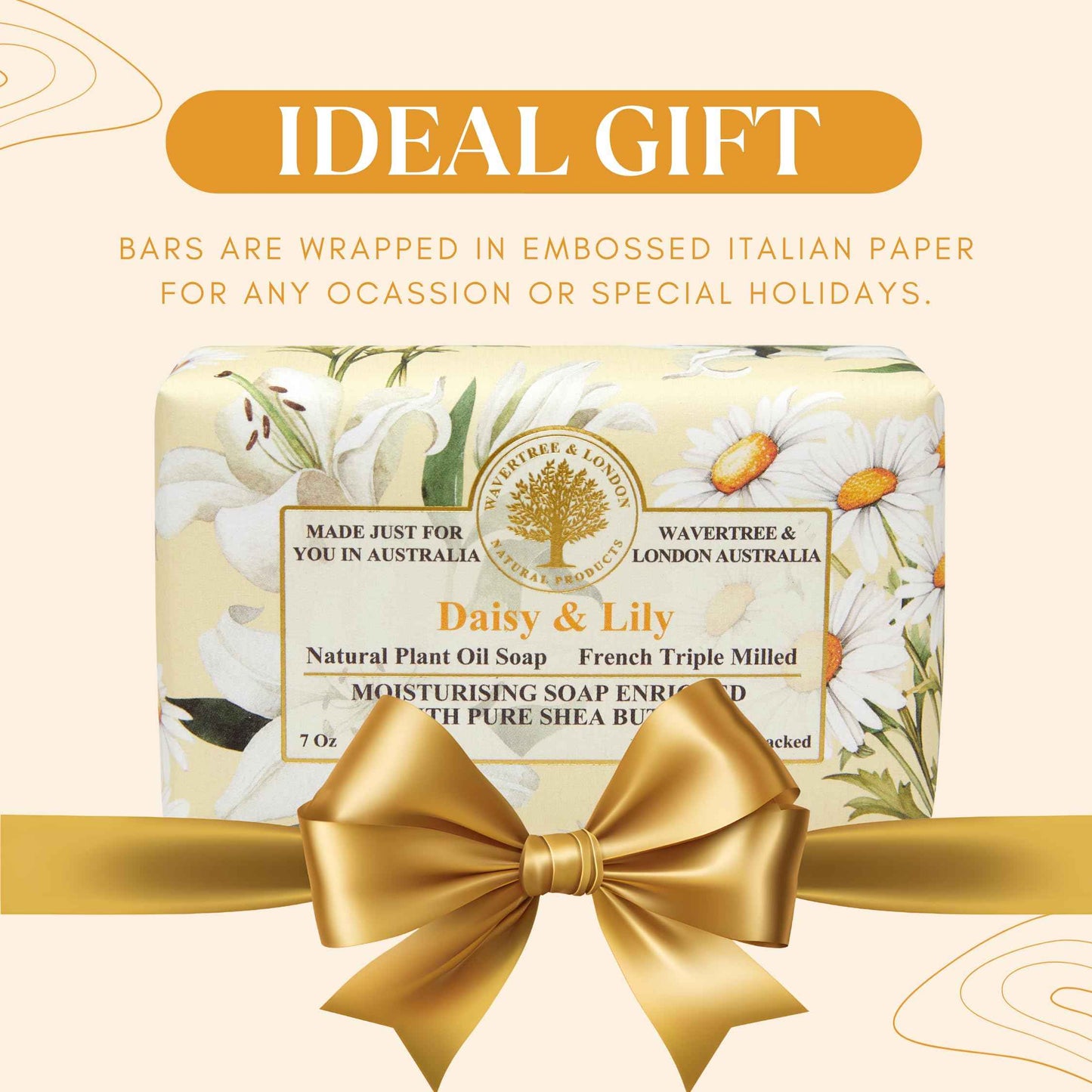 Wavertree & London Daisy & Lily Scented Natural Soap (2 Bars), 7oz Moisturizing French Triple Milled Soap Bars enriched with shea butter - Pure Plant Based Bath & Body Bars for All Skin Types