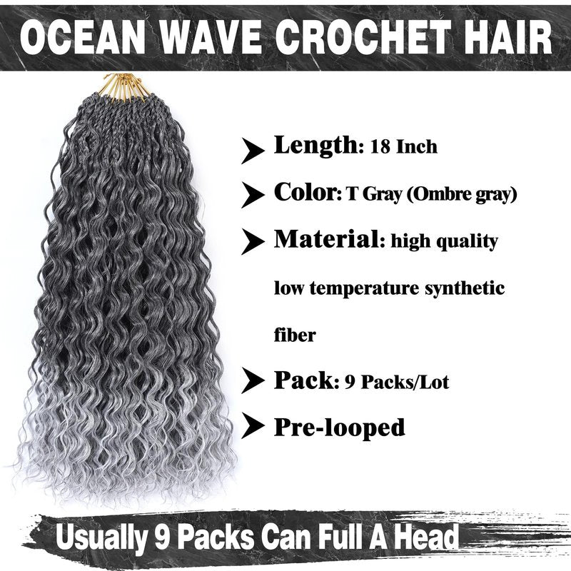 9 Packs Ocean Wave Crochet Hair Boho for Braiding 18 Inch Hair Extensions Hawaii Short Wavy Crochet Braids Pre Looped for Black Women Curly Synthetic TGray