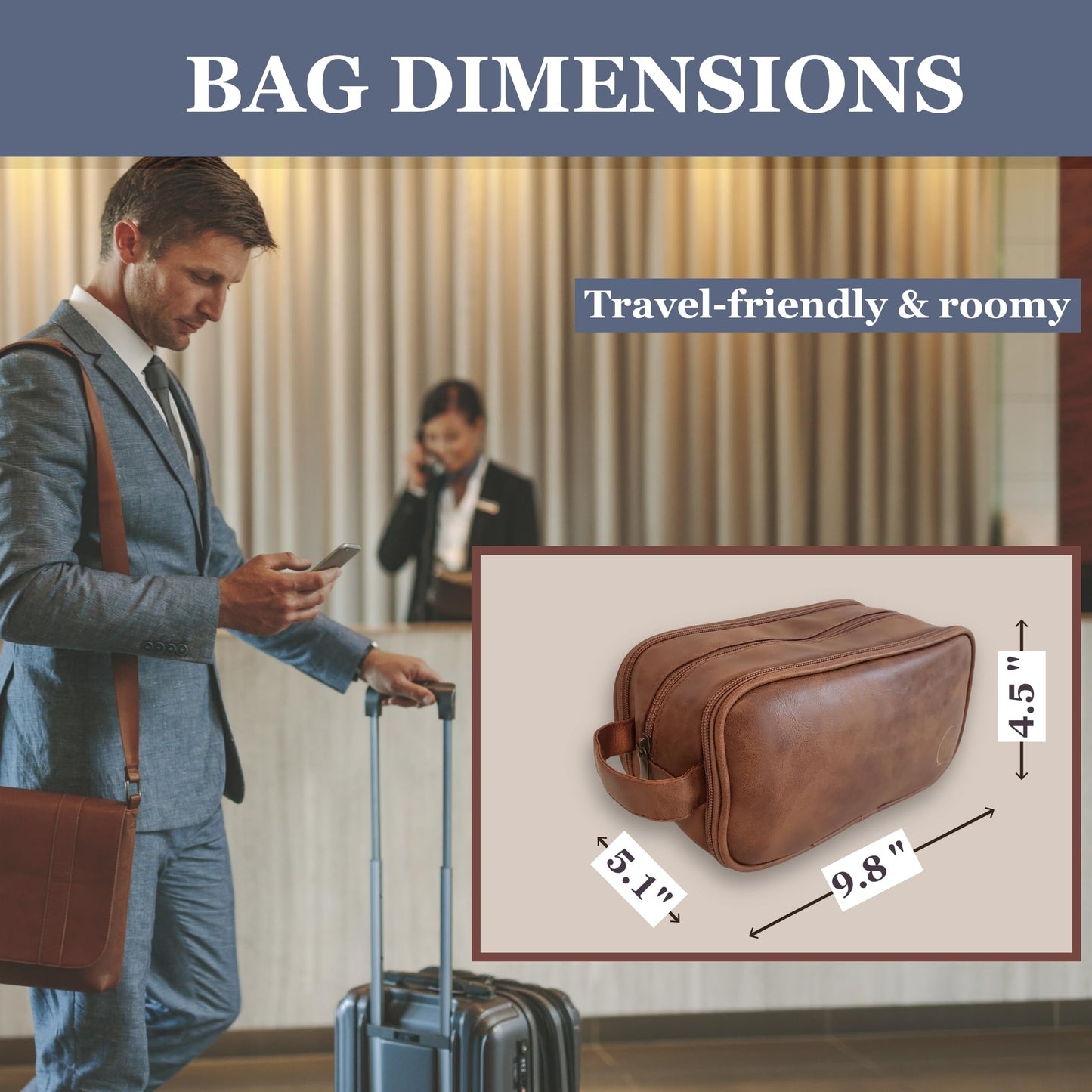 Time Dime Premium Men’s Toiletry Bag with Drawstring Pouch – Durable Water-Resistant Leather-Look Travel Organizer for Shaving, Grooming & Hygiene Essentials (Light Brown)