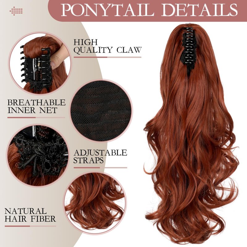FELENDY Ponytail Extension Claw 18" Copper Red Curly Wavy Clip in Hairpiece One Piece A Jaw Long Pony Tails for Women