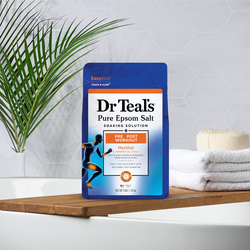 Dr Teal's Epsom Salt Magnesium Soak, Pre & Post Workout with Menthol & Essential Oils, 3 lbs (Pack of 4)