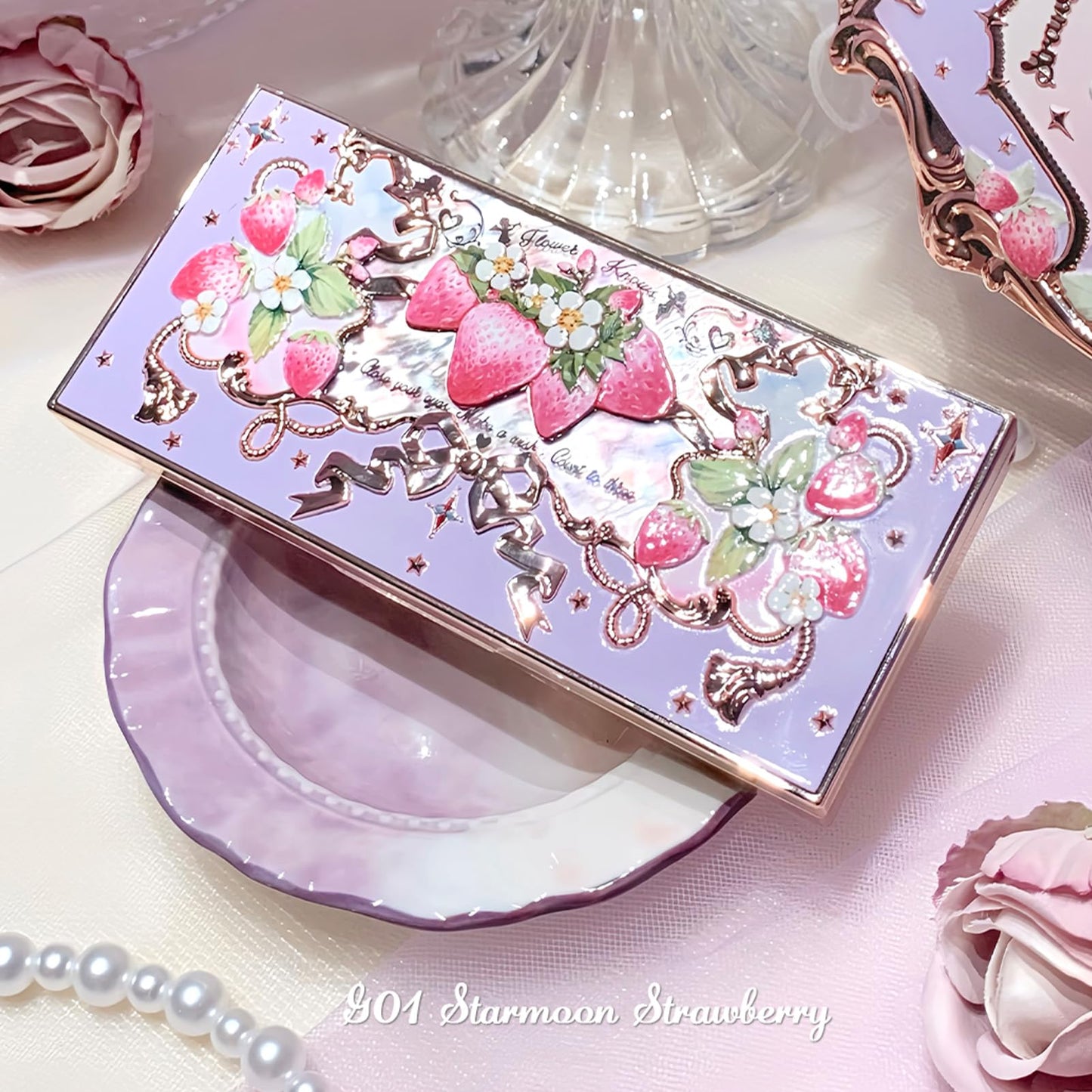 Flower Knows Violet Strawberry Rococo Eyeshadow Palette,Purple Pink Makeup Palette with 3 Matte + 2 Shimmer Shades,Blendable Smooth Cute Eye Makeup,0.21 Oz(Starmoon Strawberry)