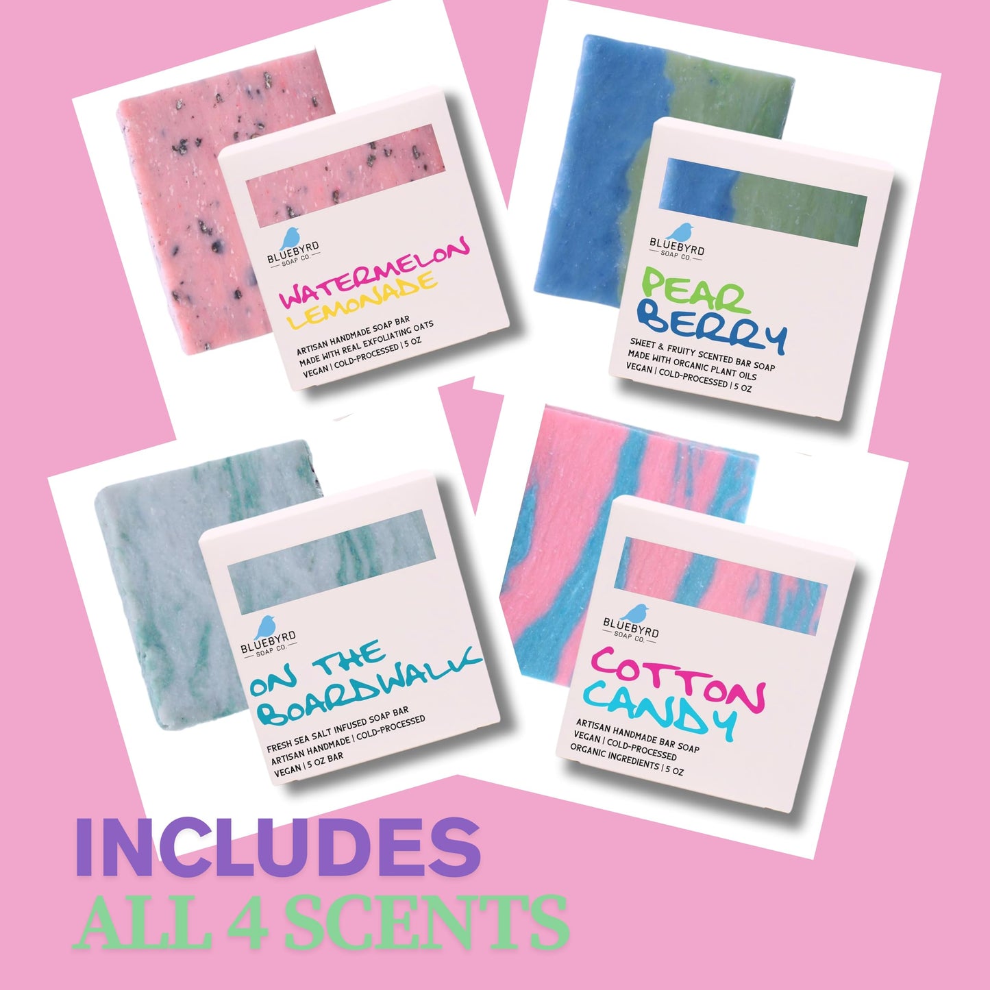 Bluebyrd Soap Co. Natural Kids Soap Bars Variety Pack – 4 Fun Scents: Cotton Candy, Pear Berry, Sea Salt, Watermelon Lemonade – Organic Handmade Teen & Kids Soap Gift Set – USA Made