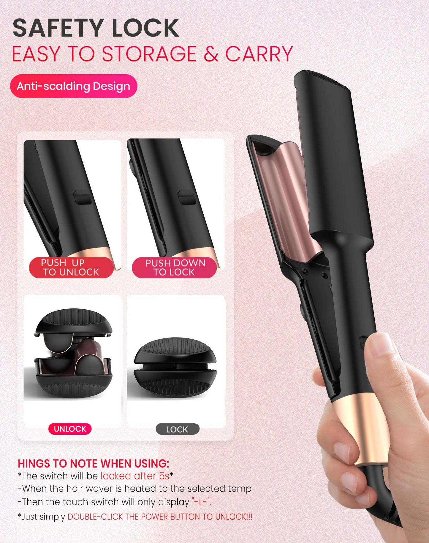 Travel Mini Waver Hair Tool Crimper for Women 0.4 inch Small Double Barrel S Waver Curling Iron Dual Voltage (110-240V) with European Plug Adapter, 5 Temps, Anti-scalding, Auto-Off (Black)