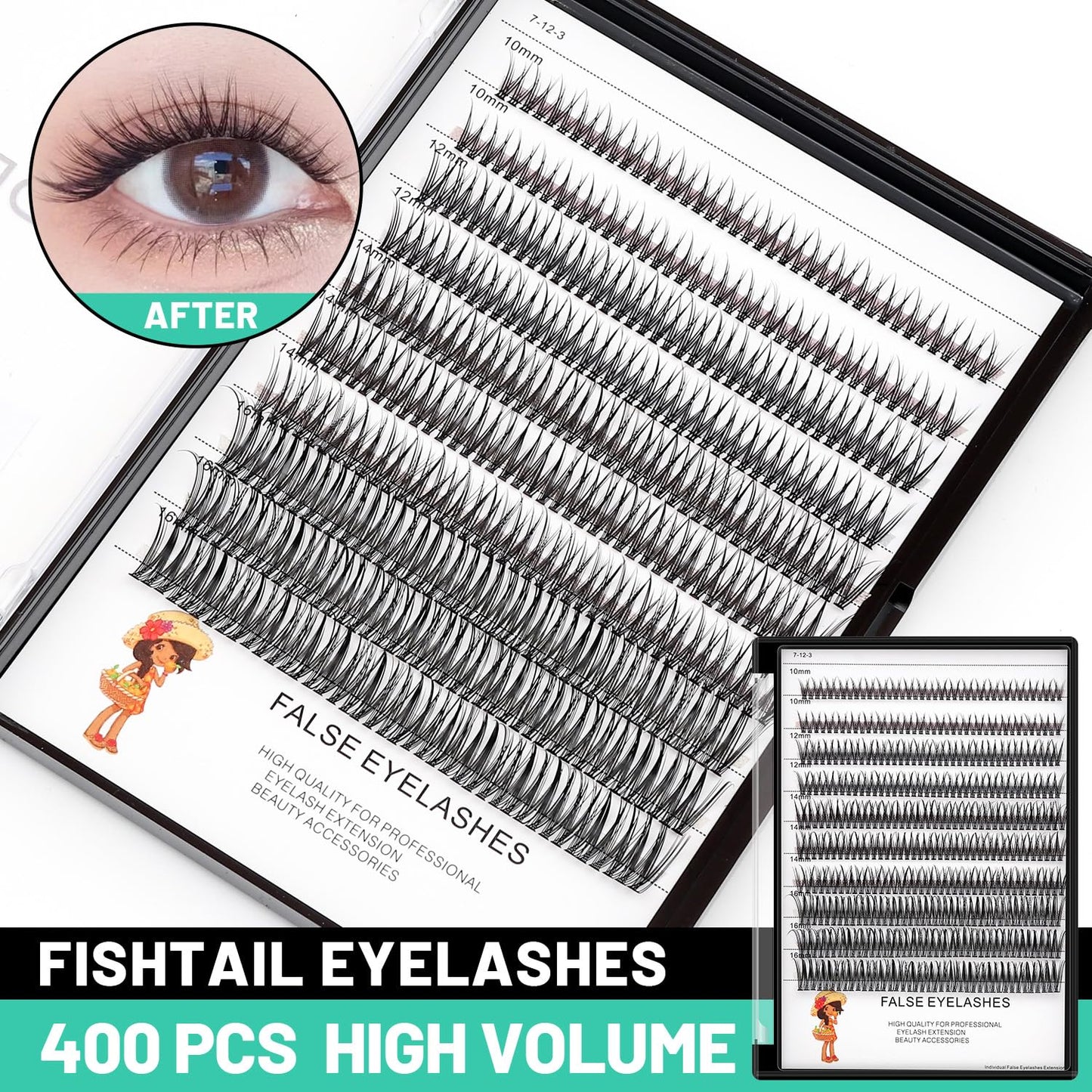 Bodermincer 400pcs D Curl Lash Clusters 8-10-12-14mm/10-12-14-16mm MIX Fish Tail Lash Cluster Premade Volume Lash Fans Volume Lashes Knotted (Black 8-10-12-14mm MIX)