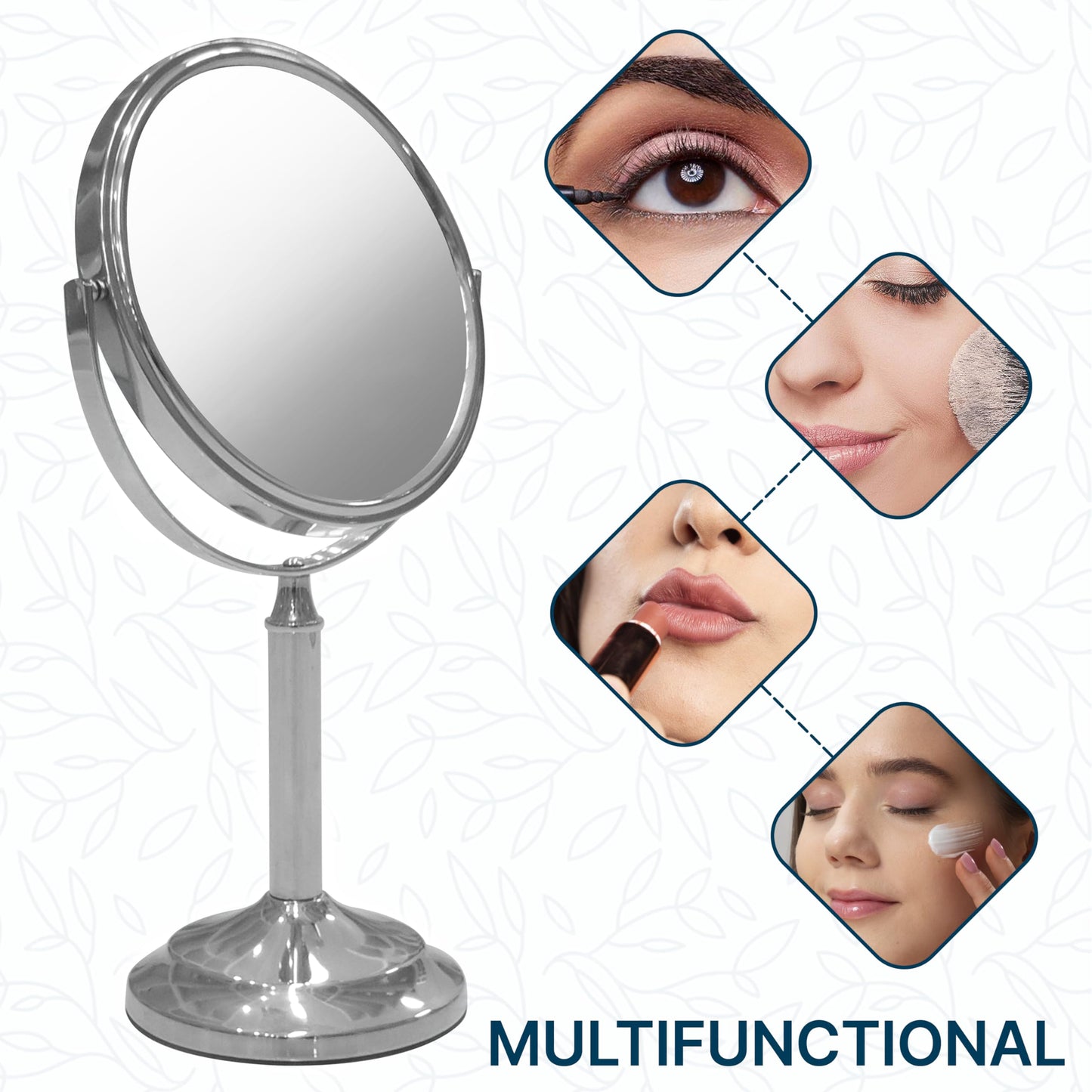 Indecor Home H Halston Stainless Steel Makeup Vanity Mirror 1X, 3X Magnification Round 360 Swivel Mirror for Desk, Bedroom, Bathroom Chrome