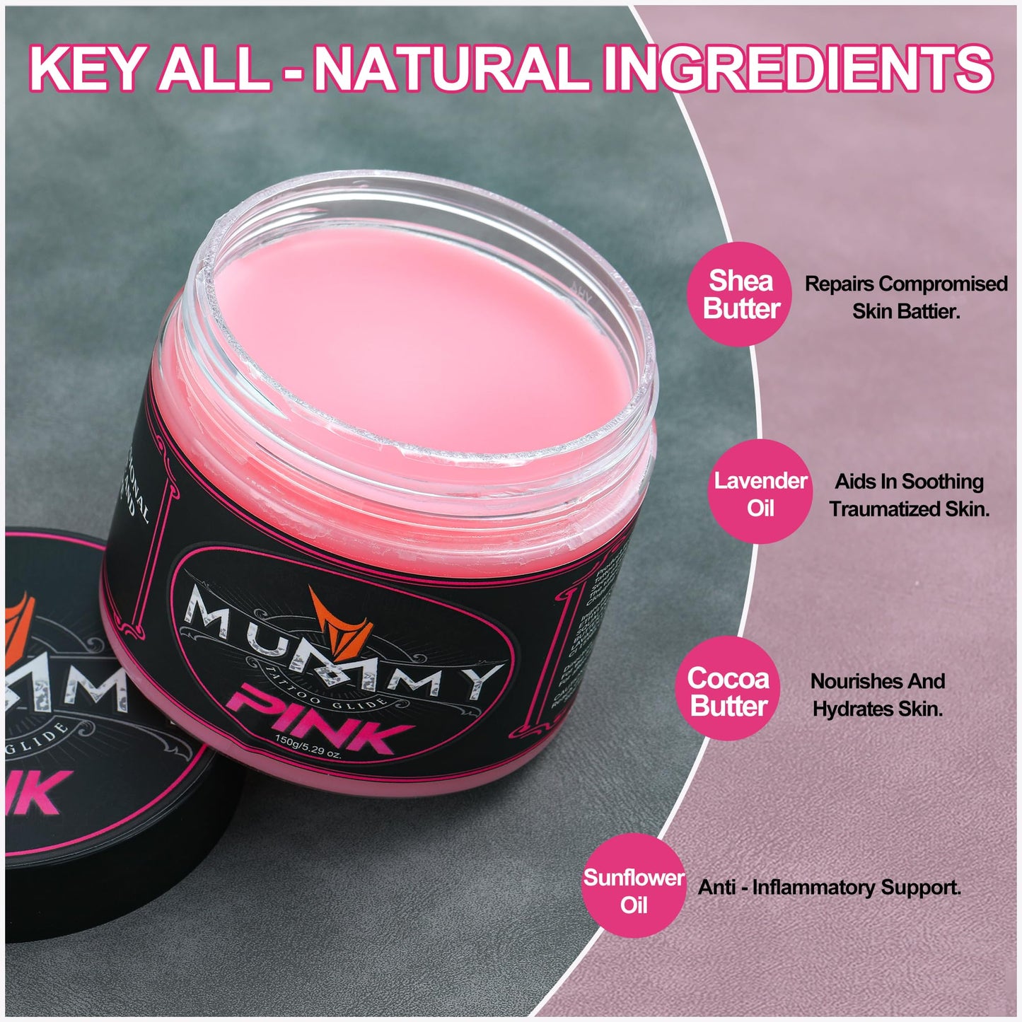 Mummy Tattoo Glide for Tattooing, Professional Tattoo Ointment & Lubricant, Non-Petroleum Tattoo Butter for Smooth Needle Glide, Ideal for Tattoo Artists & Aftercare, 5.29oz Jar(pink)