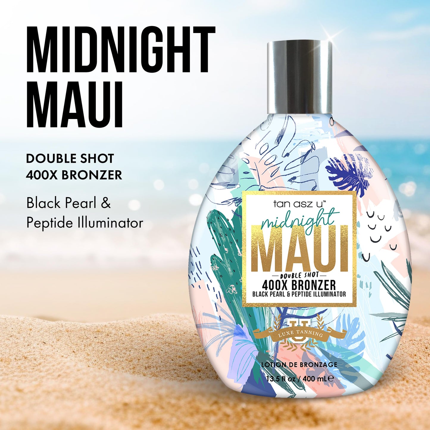 Tan Asz U Midnight Maui Tanning Lotion, Double Shot 400X Bronzer, Black Pearl & Peptide Illuminator, Tanning Lotion with Inktuition Tattoo Complex, 13.5 Fl Oz