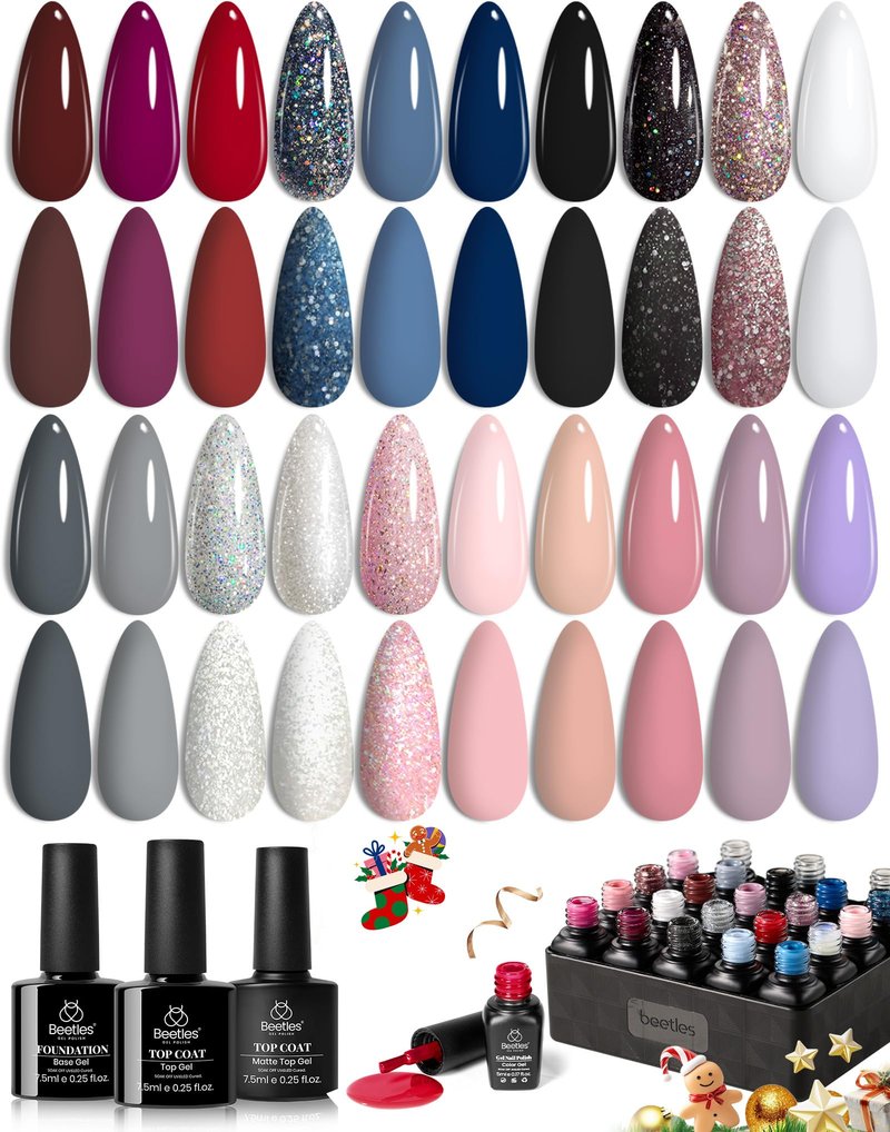 Beetles Gel Nail Polish Set - 44 PCS Brown Nude Burgundy Gel Polish Nails Fairytale Town Collection with 4Pcs Base Glitter Matte Glossy Top Coat Soak off Uv Gel DIY Manicure