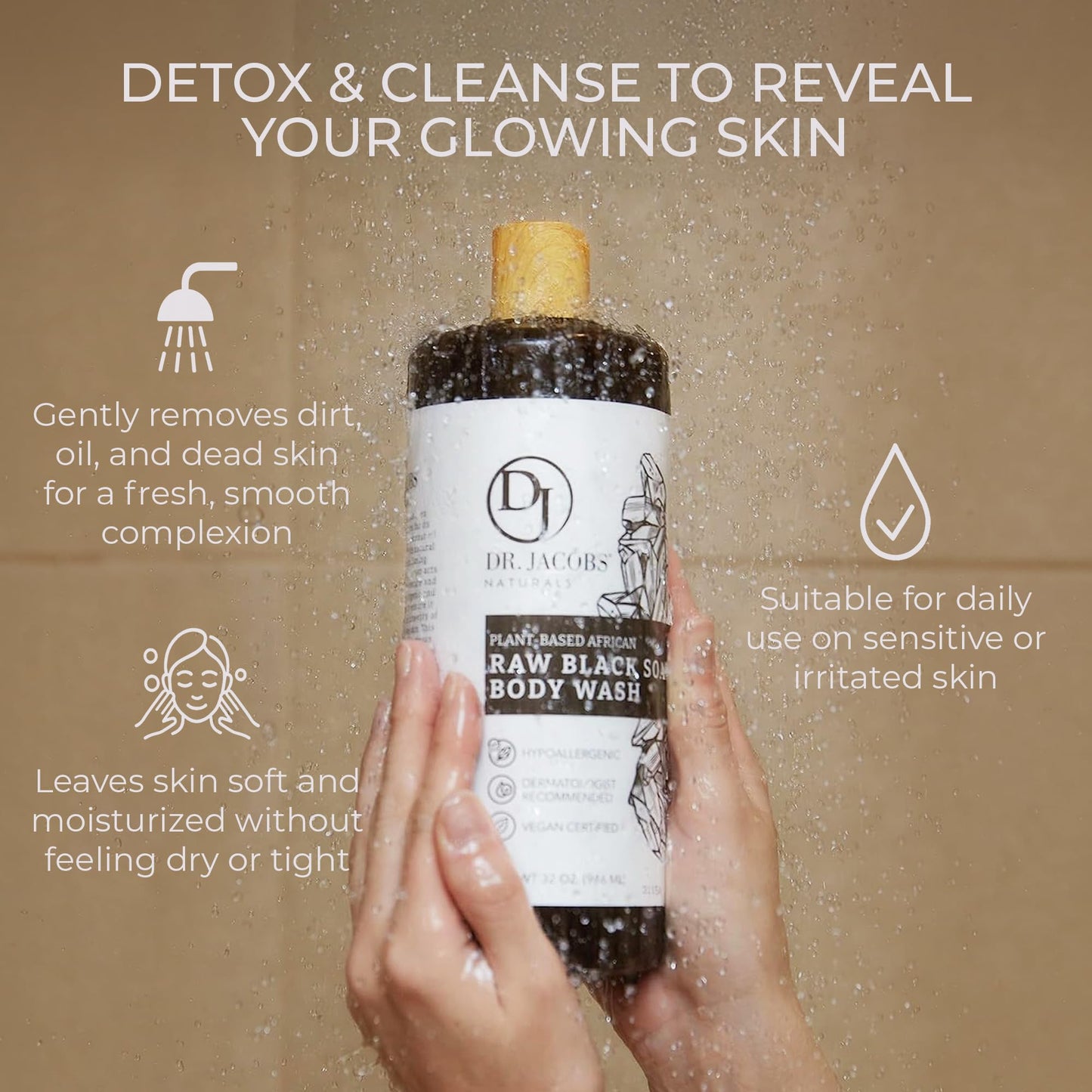 Dr Jacobs Naturals Authentic African Raw Black Soap, All-In-One Cleanser for Face Wash, Sensitive Skin Body Wash, Shampoo, Shaving Soap | Shea Butter Moisturizing and Nourishing Formula | 32oz 1pk