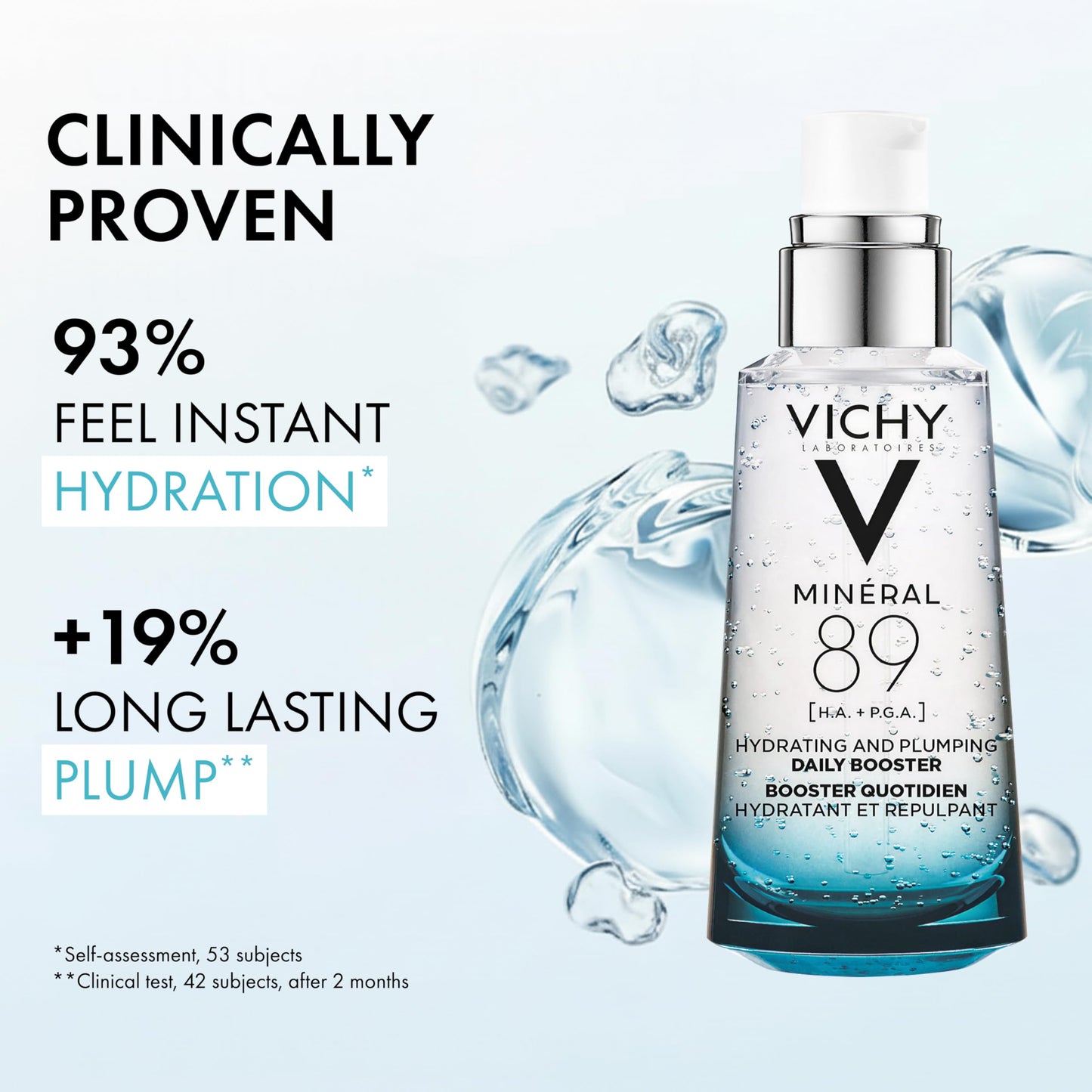 Vichy Mineral 89 Booster, Pure Hyaluronic Acid Serum for Face with Polyglutamic Acid for Skin Barrier Repair, Plumps & Hydrates, Lightweight Hydrating Serum, Oil-Free, Non-Sticky, 2.53 Fl Oz