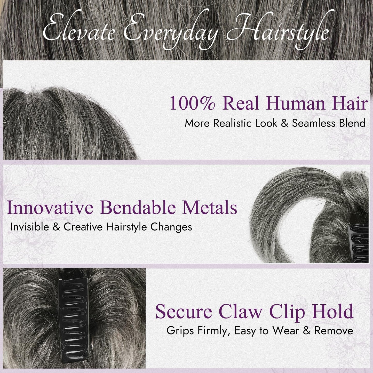 BARSDAR Claw Clip Short Human Hair Gray Ponytail Extension - 8 Inch DIY Styles Claw Clip Real Human Hair Grey Messy Bun Hairpieces for Women - Bendable Metals Thick Natural Short Gray Ponytail Daily