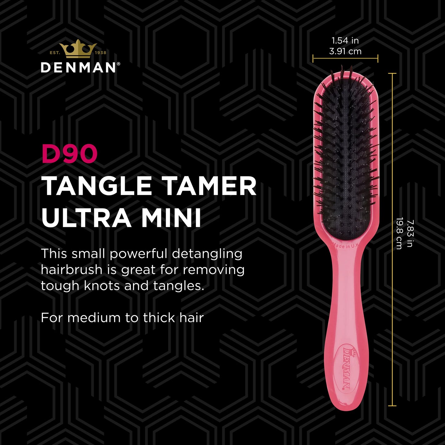 Denman Tangle Tamer Ultra (Pink) Detangling Paddle Brush For Curly Hair And Black Natural Hair - use with both Wet & Dry Hair, D90L