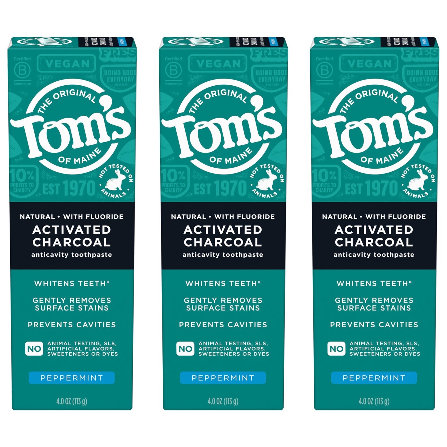 Tom’s of Maine Natural Activated Charcoal Toothpaste with Fluoride, Peppermint, 3 Pack, 4.0 Oz