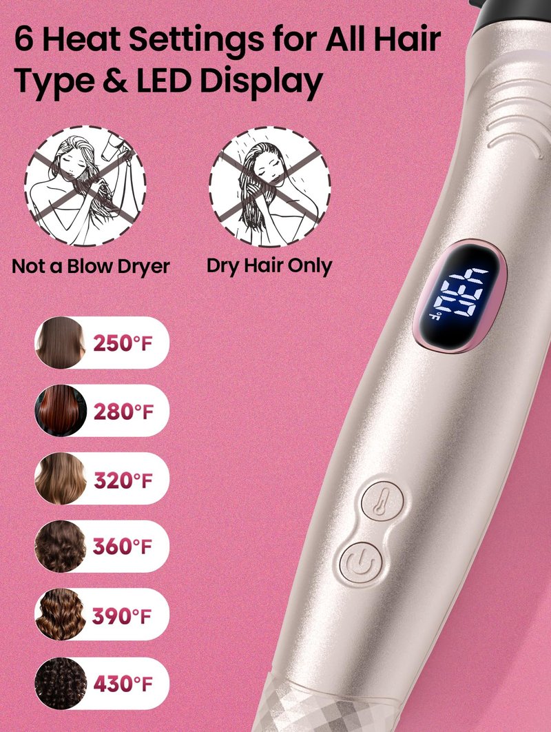 Infrared Thermal Brush 1.65”, 100M Negative Ions 2-in-1 Curling, Straightening & Smoothing Round Brush, 6 Heat Settings with LED Display, Lightweight Quiet, Dual Voltage, Auto Shut-Off, Pink Gift Box