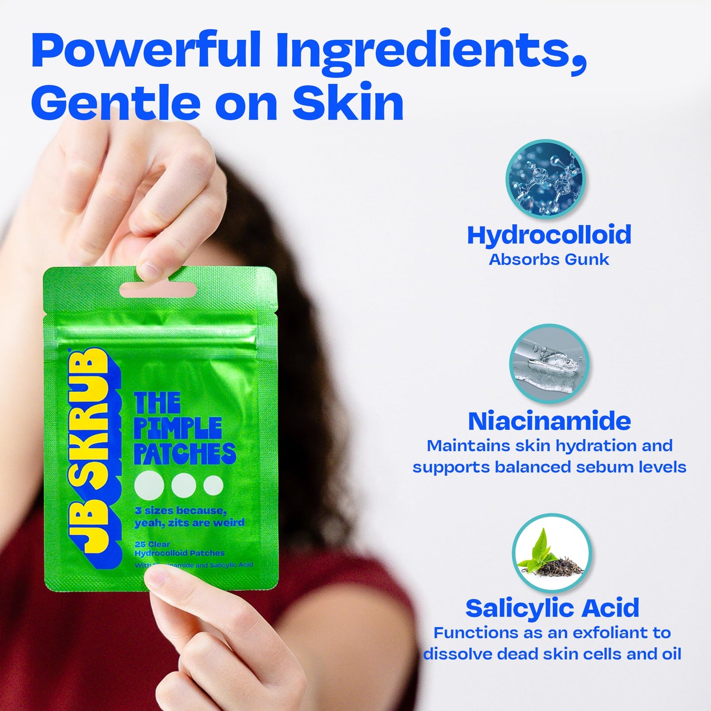 JB SKRUB Pimple Patches for Kids, Teens & Boys‚ 3 Pack of 75 Hydrocolloid Patches with Salicylic Acid & Niacinamide‚ Multiple Sizes