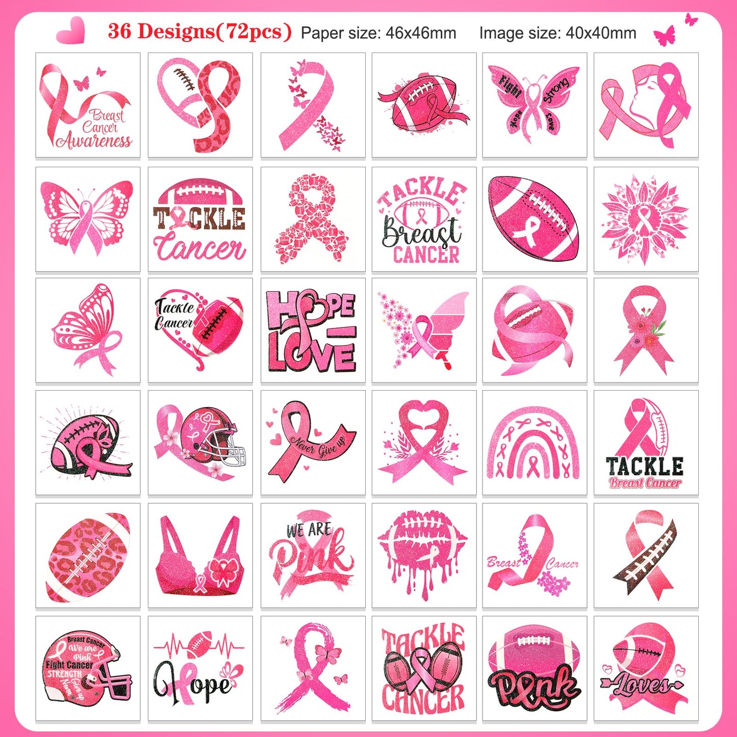 HOWAF 72pcs Breast Cancer Awareness Temporary Tattoos, Glitter Pink Out Football Tattoos, Football Pink Ribbon Themed Tattoos Stickers for Breast Cancer Month Charity Event Supplies Favors