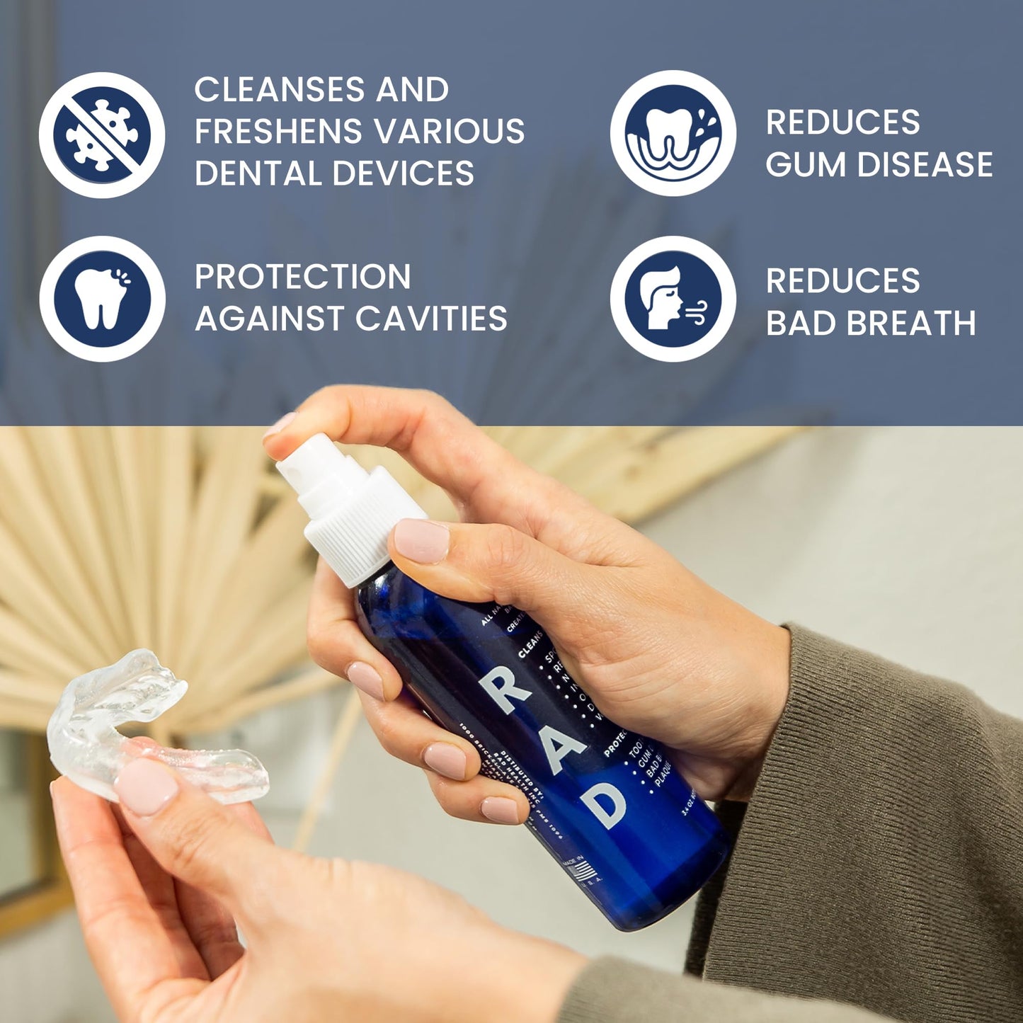 RAD FRESH - Natural Mouth Guard Cleaner with Food-Grade Hydrogen Peroxide, Easy-to-Use, No-Rinse-Formula Retainers Cleaner for All Oral Devices Like Aligners, Dentures & More, 1 Pack, 3.4 oz