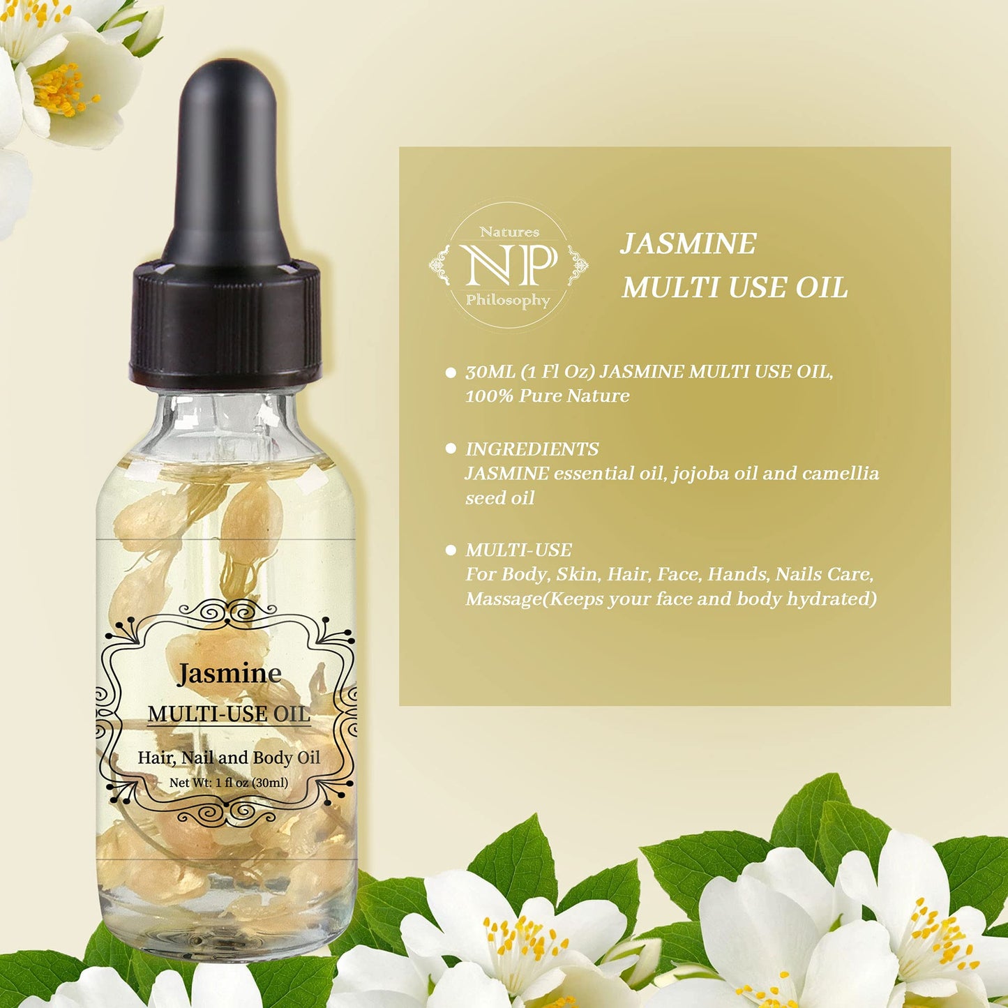 Jasmine Multi-Use Oil for Face, Body and Hair - Plant Fragrant Essential Oil for Dry Skin, Scalp and Nails - 1 Fl Oz