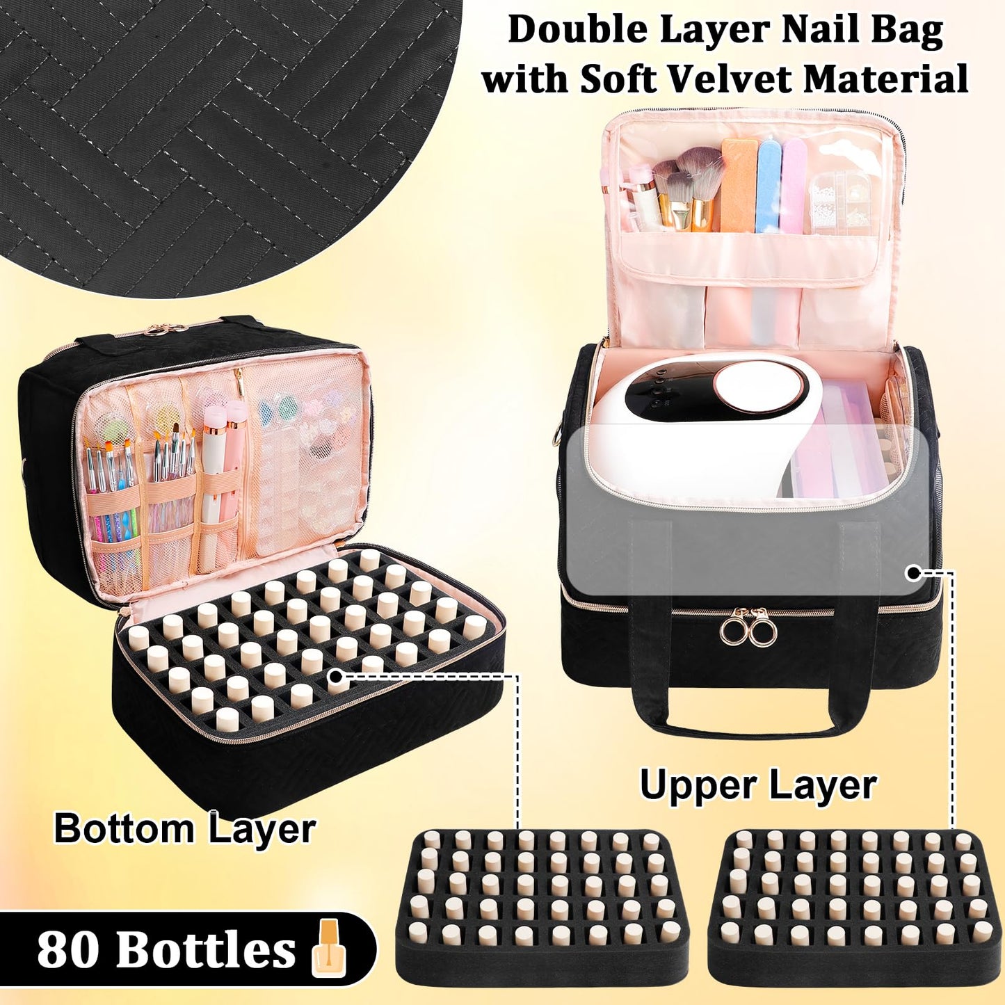 Veirdro Nail Polish Organizer Bag Holds 80 Bottles (15ml/0.5fl.oz)& Nail Lamp, Soft Velvet Nail Kit Storage Carrying Case with Shoulder Strap, Double Layer Nail Supplies Organizer Handbag Women Black