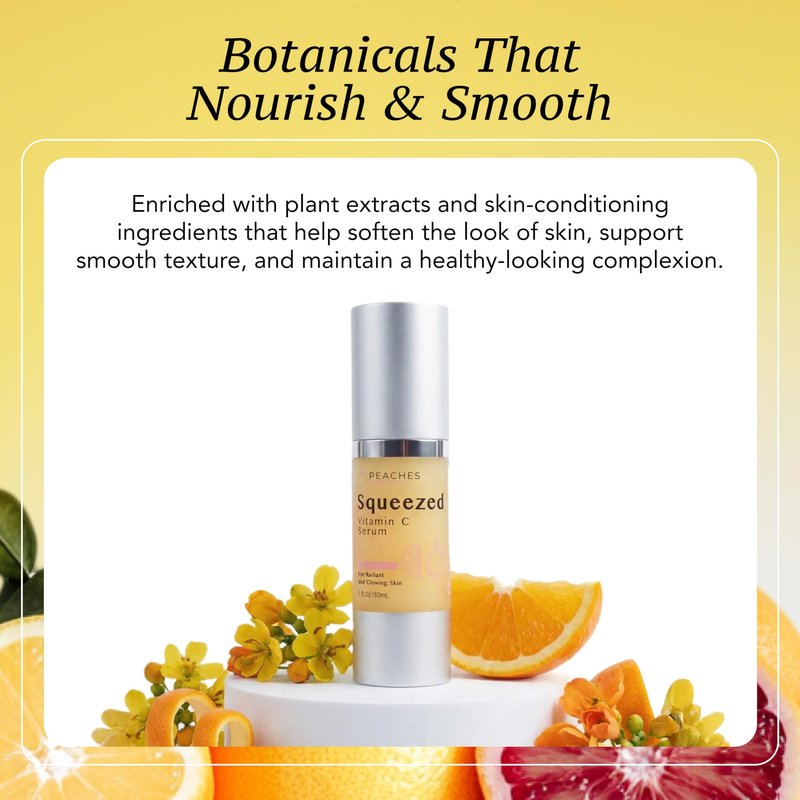 Peaches Skin Care Squeezed Vitamin C Serum with Kakadu Plum, Gold and CoQ10 – Lightweight Hydrating Formula for Radiant-Looking Complexion – Vegan Skincare for Women, 1 fl oz