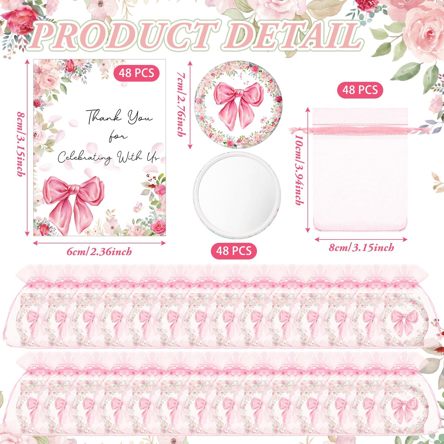 Namalu 48 Sets Coquette Pink Bow Party Favors Compact Mirror Bulk Pink Bow Gift Bag and Thank You Cards Bags for Baby Shower Bridal Wedding Guest Appreciation Gifts Gender Reveal