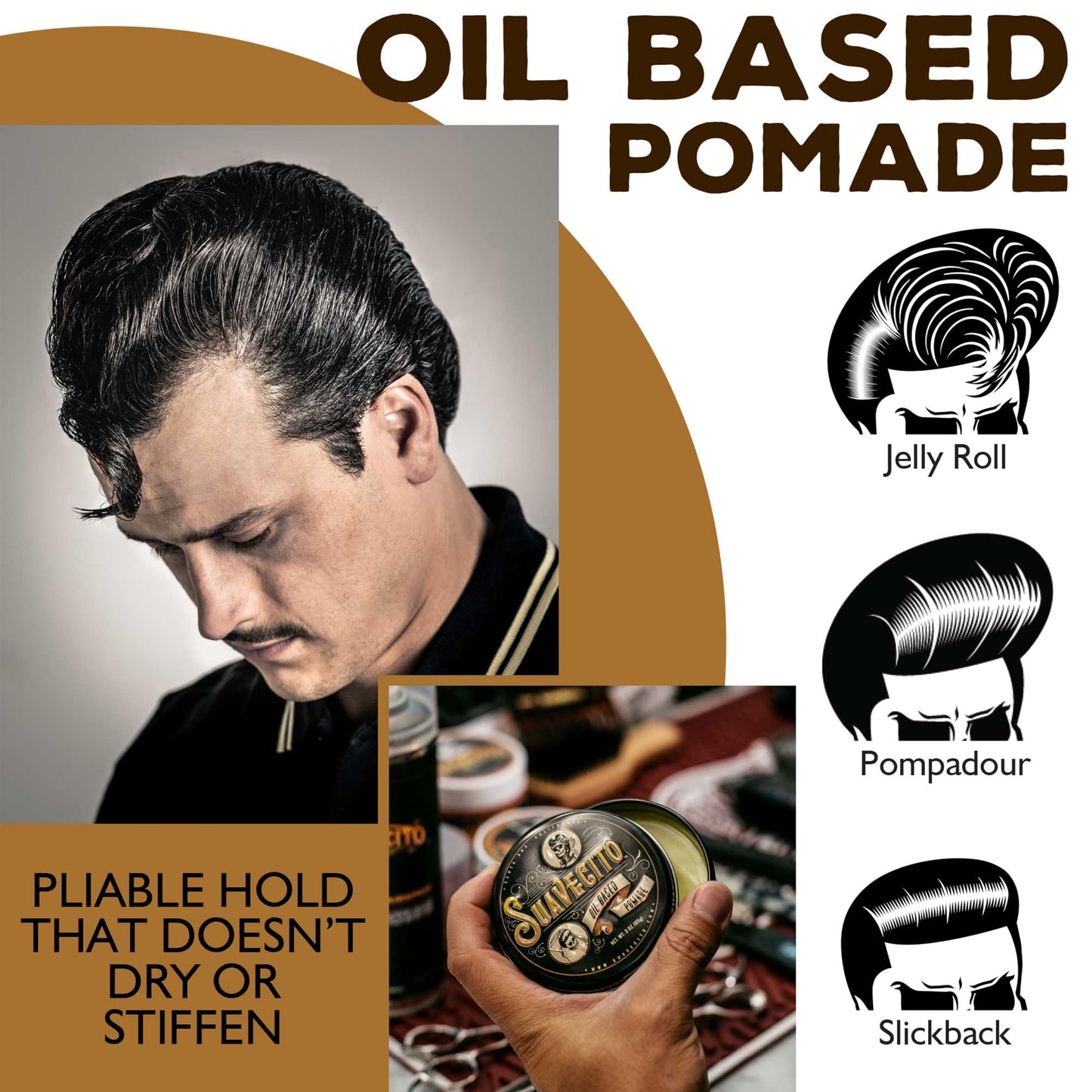 Suavecito Oil Based Pomade 3 oz Tin Can - Original Scent Hair Styling Long Lasting Hold, Healthy High Shine, For All Hair Types - Smooth Slickback To Pompadour Rockabilly Style Grease