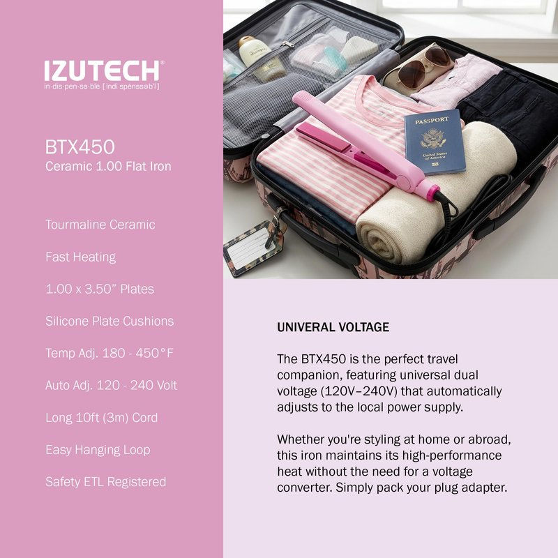 IZUTECH BTX450 1 Inch Tourmaline Ceramic Flat Iron Hair Straightener, Professional Salon Negative Ion Straightener with Adjustable Temperature for All Hair Types, Anti-Frizz High Shine, Pink