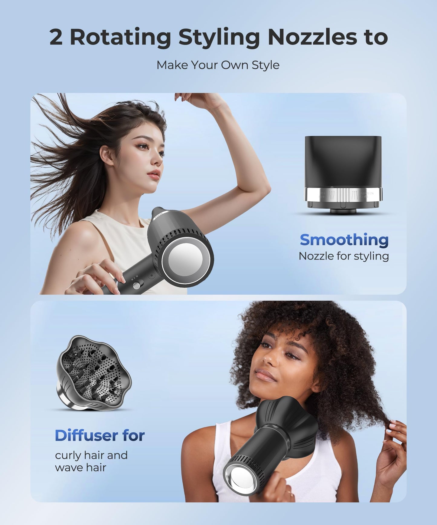 Hair Dryer, 100,000 RPM High-Speed Blow Dryers for Women & Men, Hair Dryers with Diffuser & Nozzle, Portable for Travel Home Use, Quiet & Fast-Drying, 500 Million Negative Ions, Heat-Control