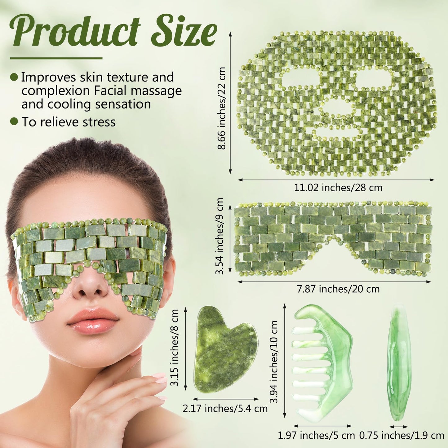 Demissle 4 Pcs Jade Eye Mask Jade Stone Facial Mask Scrap Massage Tool Hair Comb Facial Eye Cooling Stone Massage Tools for Puffy Eyes Dark Circles Gift(Dark Green)