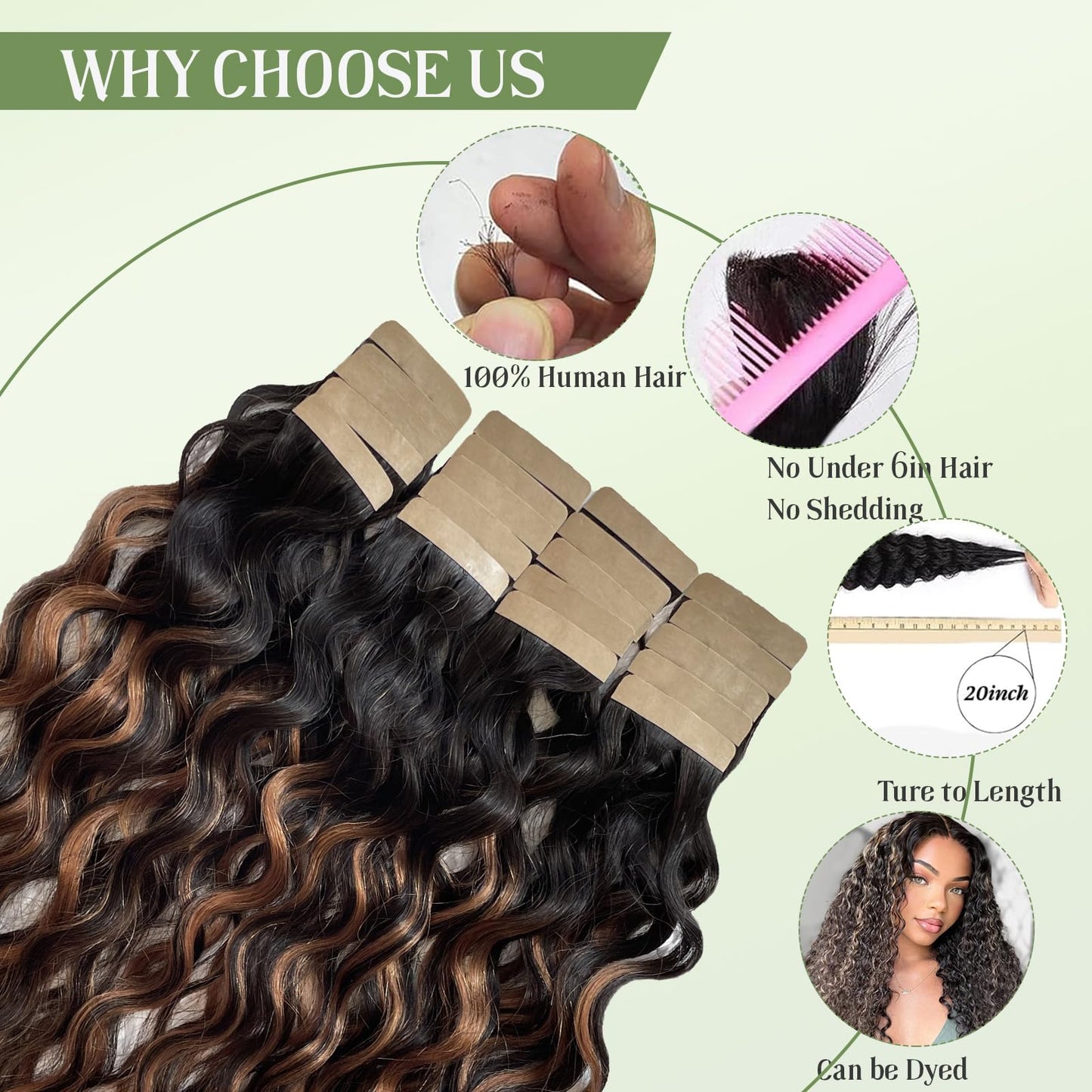 Tape in Hair Extensions Human Hair, Ombre Brown Colored Water Wave Tape in Extensions, 20pcs 50g 16 inch Remy Invisible Tape ins Curly Soft Real Human Hair for Black Women