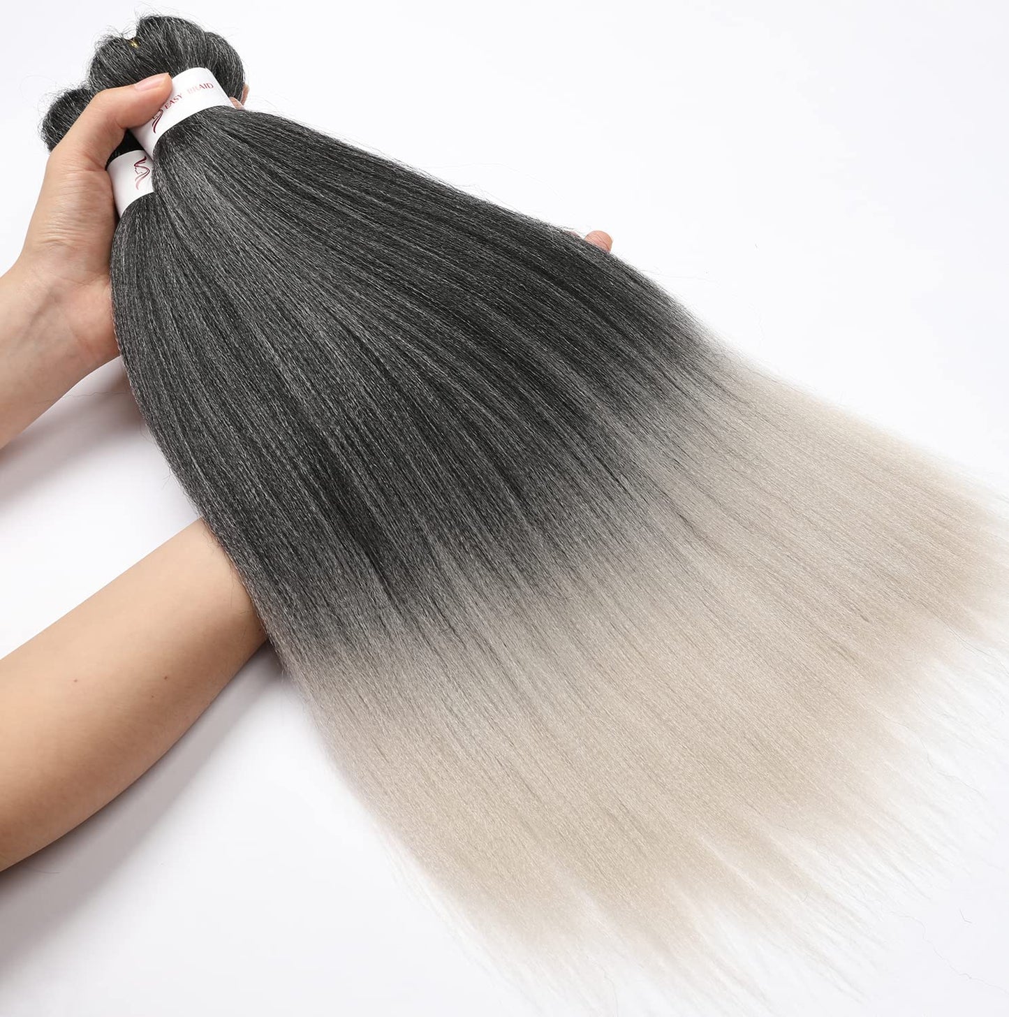 8 Packs Pre Stretched Braiding Hair, 48 Inch Braiding Hair Pre Stretched Yaki Texture, Hot Water Setting, Easy To Install Professional Synthetic Ombre Braiding Hair(1B/Silver)