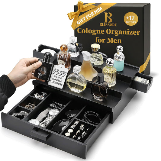 BLISSORE Cologne Organizer for Men | 3-Tier Wooden Cologne Stand and Display Holder with 2 Side-Opening Drawers | Ring Slots, Watch & Jewelry Storage| Perfume Stand Organizer| Perfect Gifts for Men