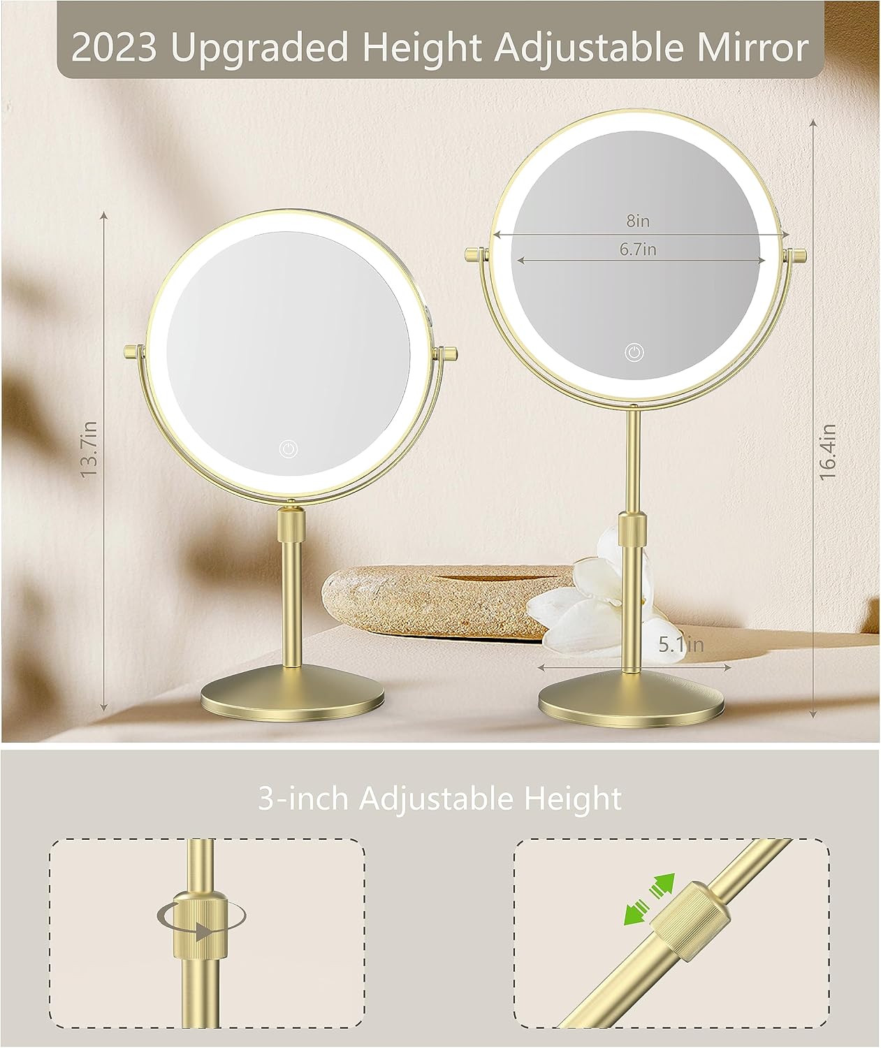 Lighted Makeup Mirror - 1X/10X Magnification, Dimmable & Rechargeable | Adjustable Height, Gold Finish
